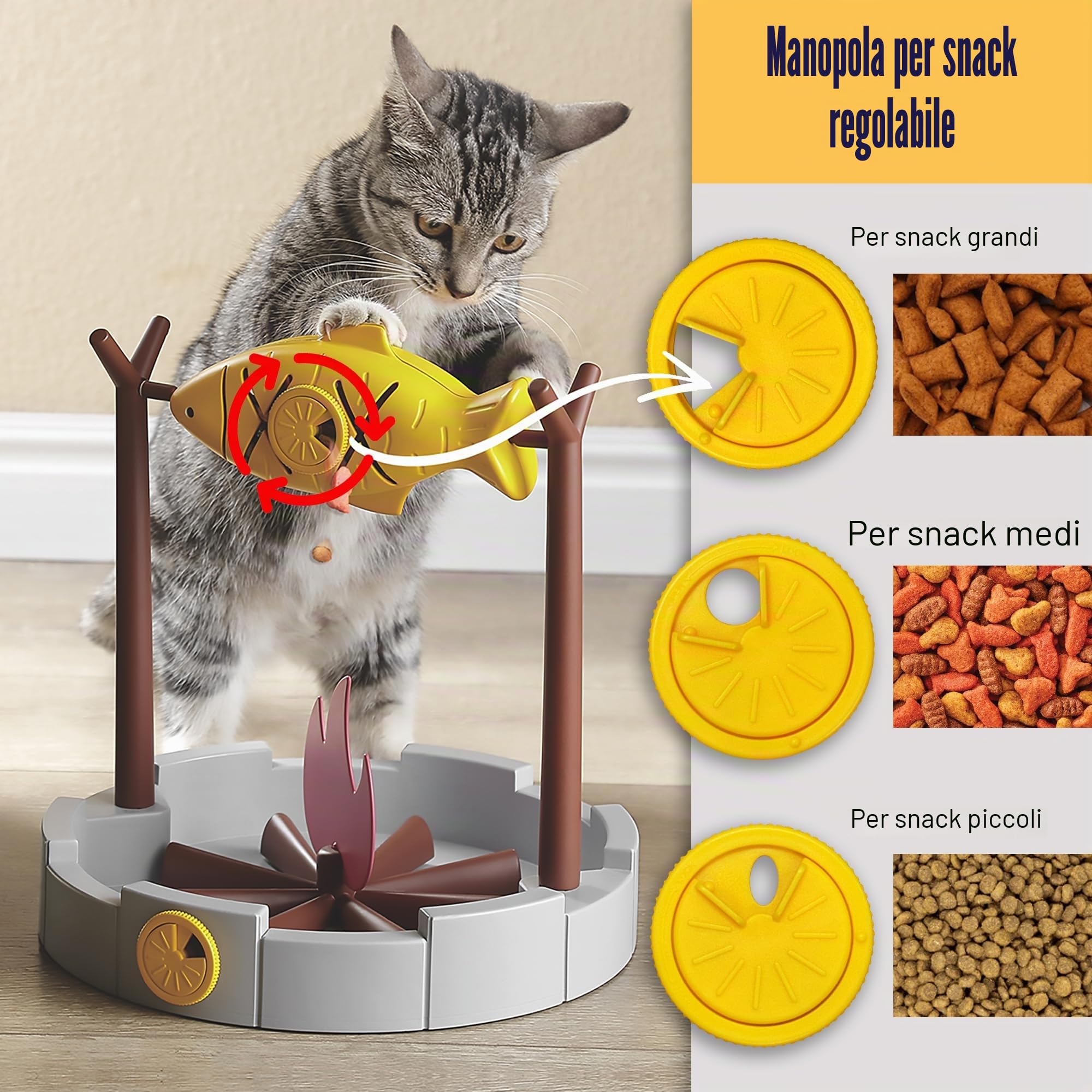 PetPals Dispenser di cibo secco per gatti, 28 cm di altezza, per cibo secco per gatti, ciotola per snack a alimentazione lenta, pesce alla griglia giocattolo per gatti