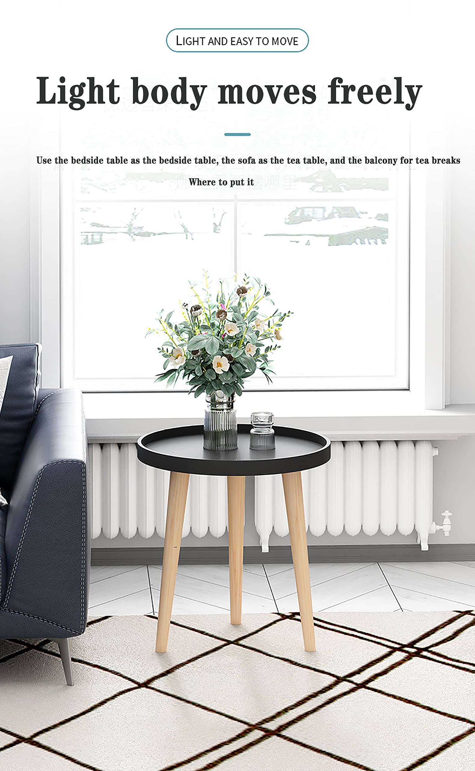 Ronde Salontafel Kleine Eindtafels Massief Hout Snack Nachtkastje met Beuken Been Wit Dienblad Multifunctioneel voor Thuis en Kantoor(50x50x44cm, N