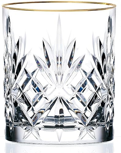 Miniatura 3 de Le'raze Juego de 4 vasos de whisky de cristal elegantes con banda de oro de 24 quilates para bebidas de whisky, bourbon y cócteles  Juego de