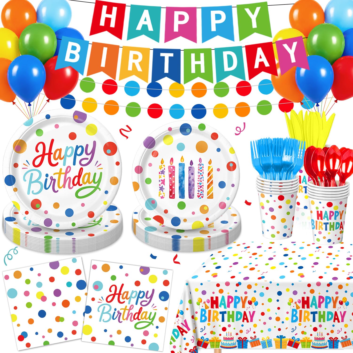 Happy Birthday Decorations, 190PCS Colorful Dots Birthday Party Supplies Includes Plates, Napkins, Cups, Cutlery, Banner, Tablecloth, Balloons for Birthday Decorations, Serves 24