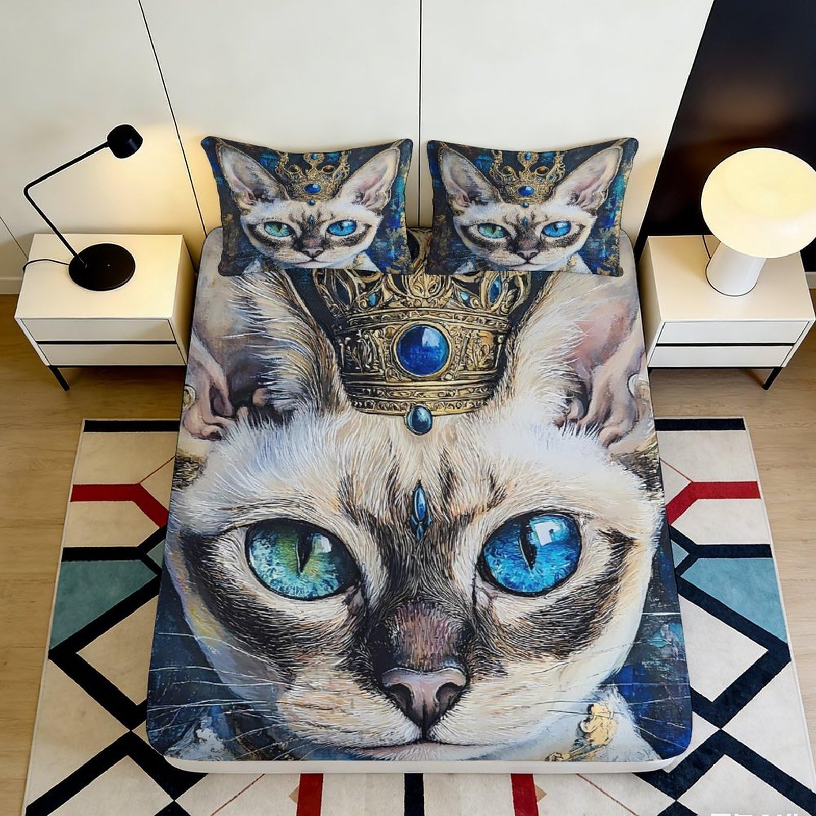 3D Printed Royal Cat Crown Fitted Sheet Microfiber Soft Mattress Cover for Bedroom Dorm Artistic Decor 140x200x25cm