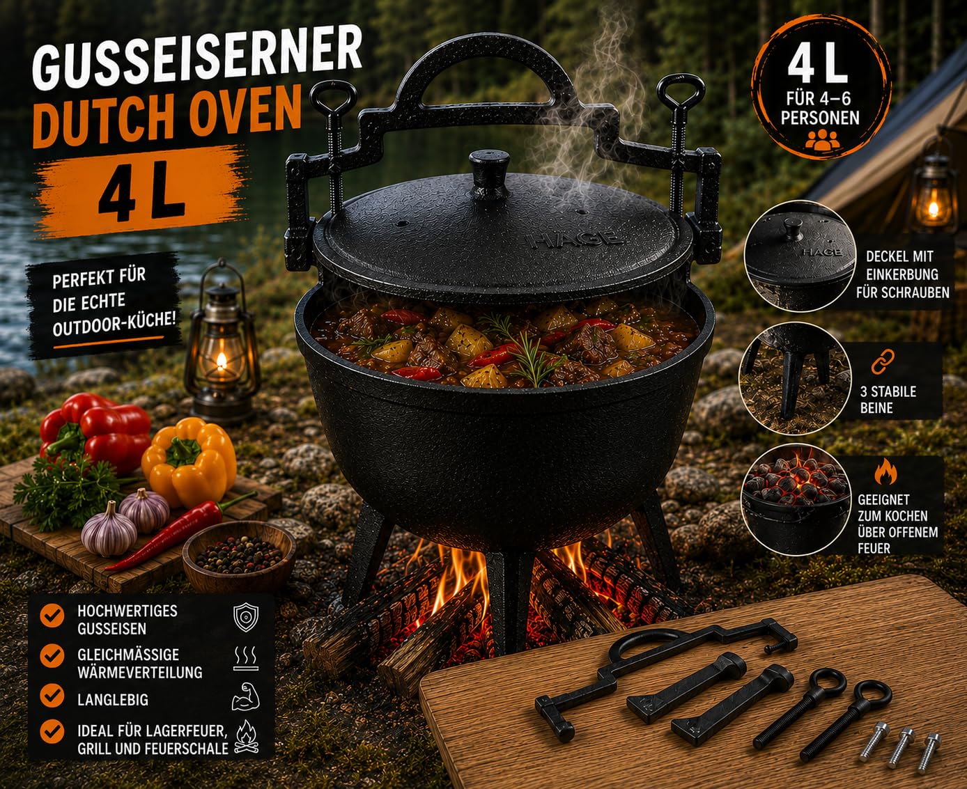 HAGE Gulaschkessel Gusseisen 4L mit Deckel und Standfüßen Dutch Oven Feuertopf für Lagerfeuer Grill Camping Ungarischer Gulaschtopf Schmortopf für Eintopf Suppe Fleisch und BBQ