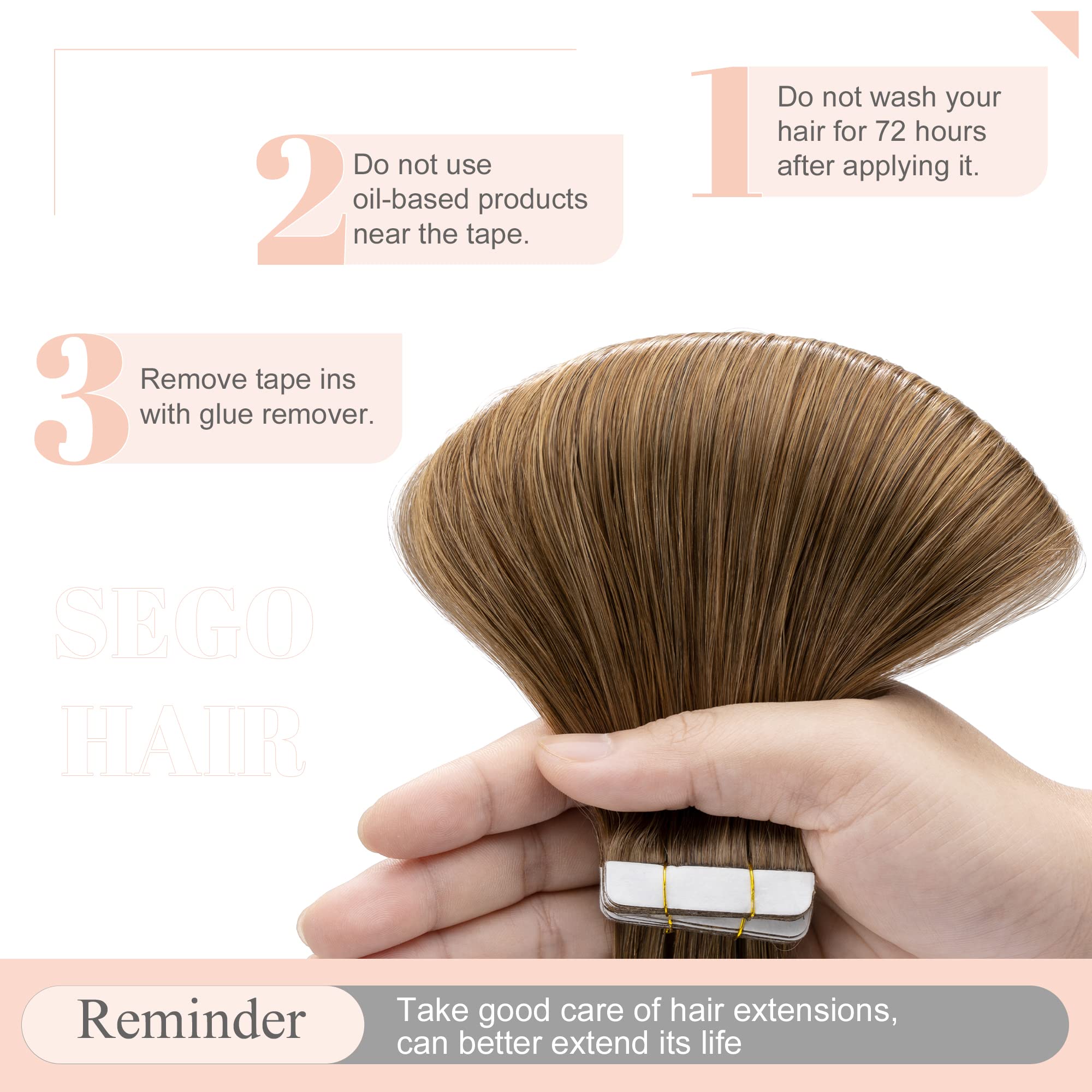 16"(40cm) SEGO Extensiones Adhesivas Remy Pelo Natural 20 PCS [#6 Marrón Claro] Cabello Humano sin Clip Tape in Human Hair (50g)
