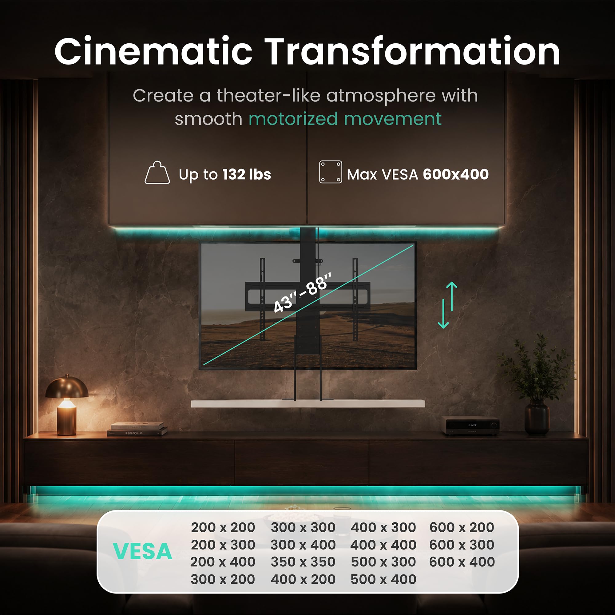 ynVISION.DESIGN Supporto motorizzato per TV da 43 a 88 pollici, distanza di viaggio da 47 pollici, telecomando RF e controllo vocale WiFi, installazione a pavimento/soffitto, max VESA 600 x 400