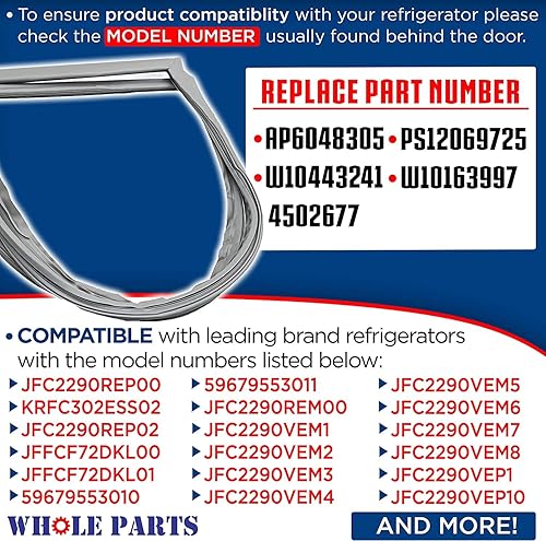 Miniatura 3 de Whole Parts W10830046 Junta para puerta de alimentos frescos para refrigerador (tira magnética en el interior, gris) Reemplazo y compatible con