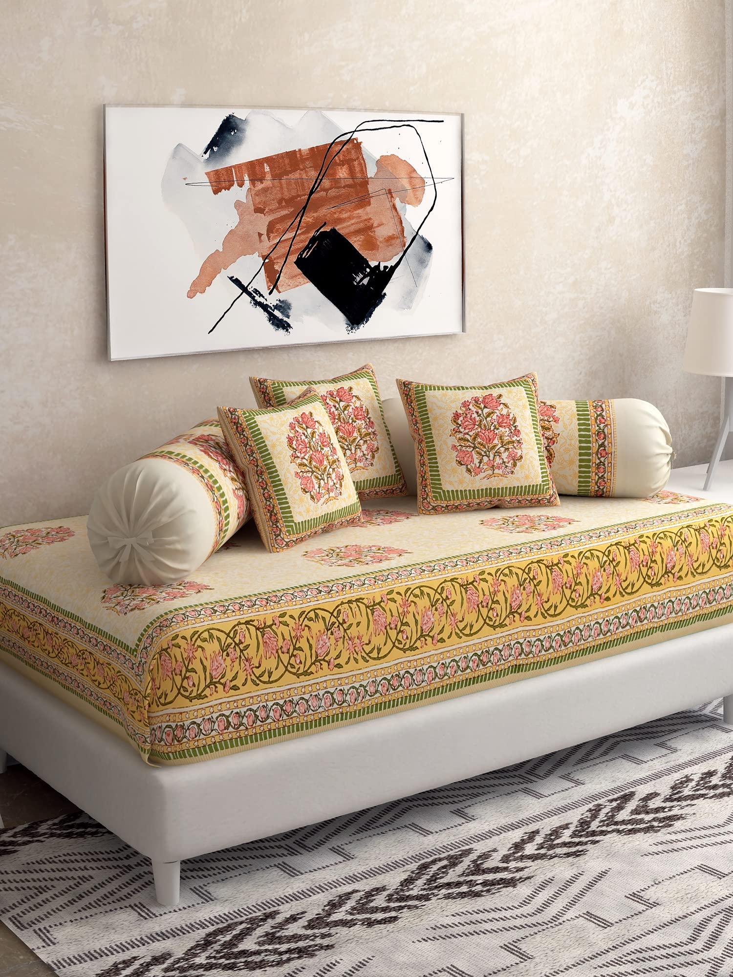 Salona Bichona Cotton Jaipuri 120 TC Diwan Set (Yellow, Standard) - Set of 6