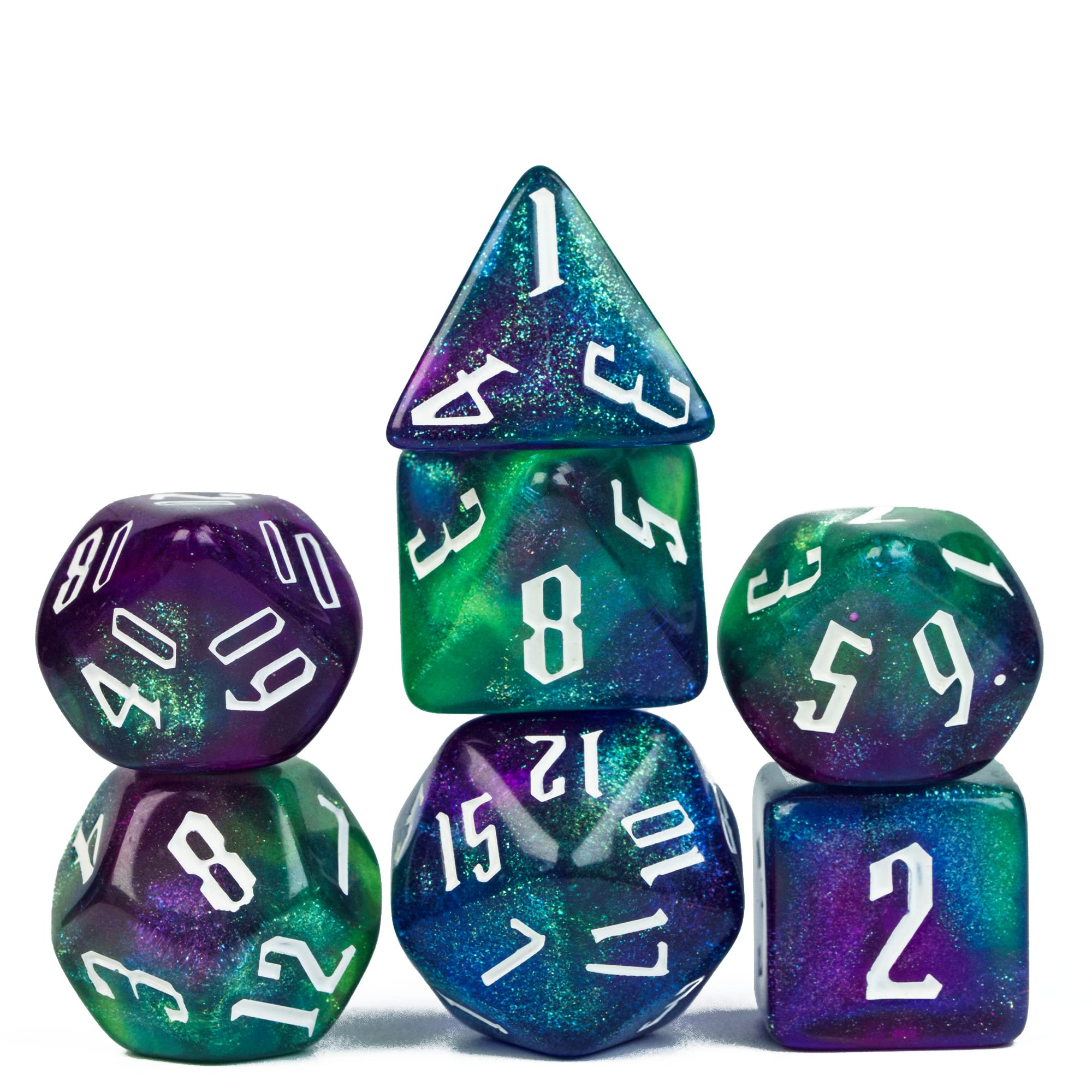 Cusdie 7Pcs/Set DND Dice Set D&D Polyhedral Dice for TTRPG Dungeons and Dragons Role Playing Dice Games RPGs(Purple Green with Glitters)