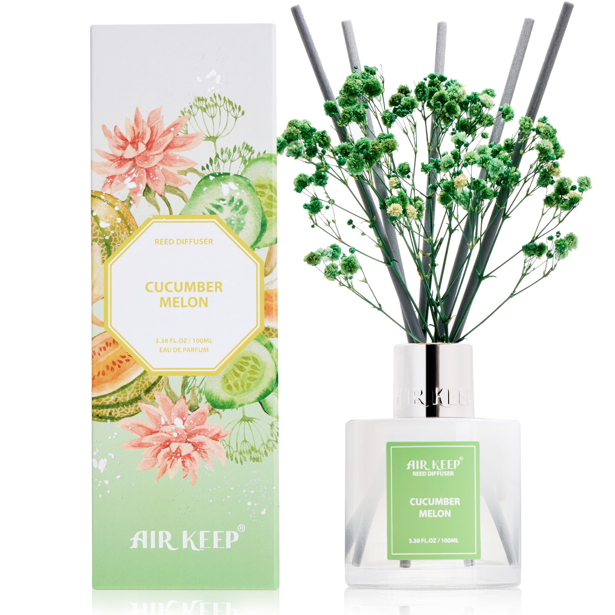 Airkeep Reed Diffuser Set 100ml, Cucumber Melon Oil Diffusers with 8 Reed Sticks, Home Fragrance Reed Diffuser for Bathroom Shelf Decor — image 1