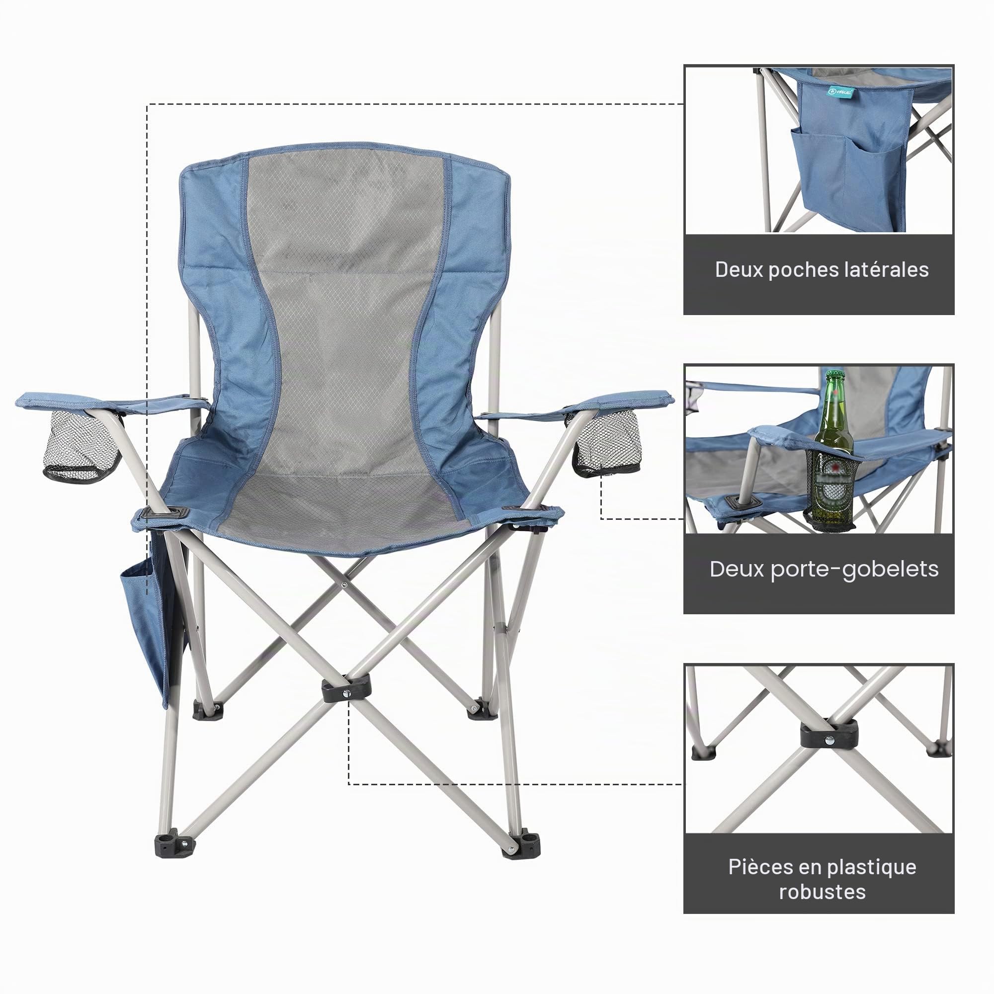 Homecall Chaise de camping pliable avec poche latérale (Gris/bleu)