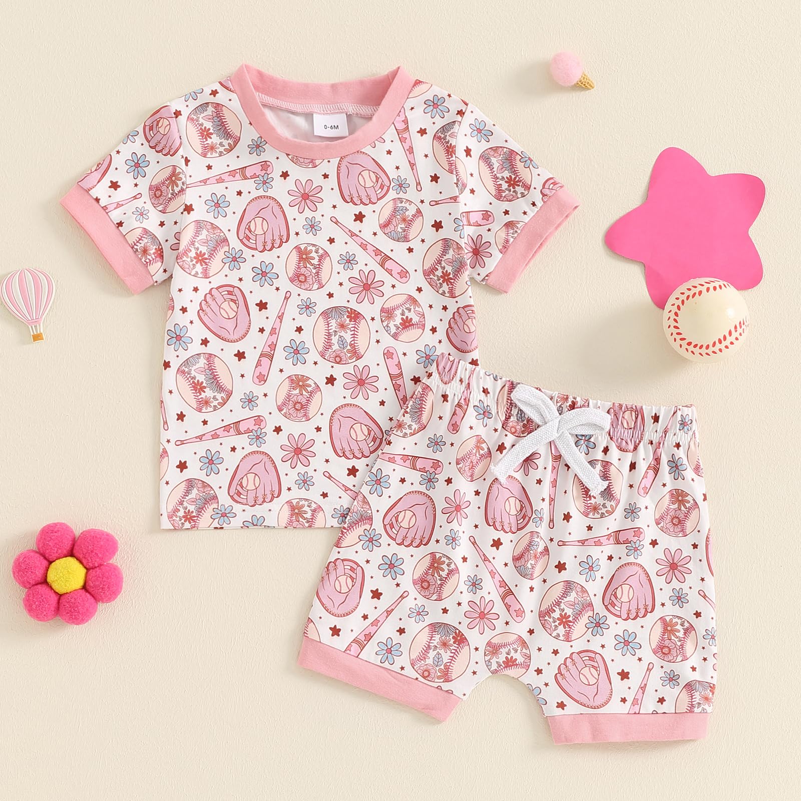 Toddler Baby Boy Girl Baseball Outfit Baseball Tee Shirt Top+Baseball Shorts Set Baby Summer Sportswear Tracksuit (Floral Baseball Pink A, 0-6 Months)