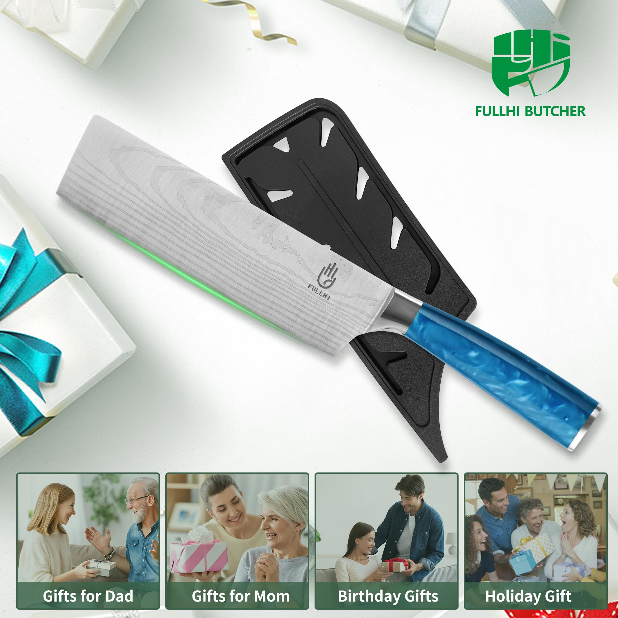 FULLHI Cuchillo Nakiri, Multi Color 7inch Cuchillo Japonés con funda, Acero Inoxidable Cuchillo Cocina Carne Verdura con Guarda (Resina azul)