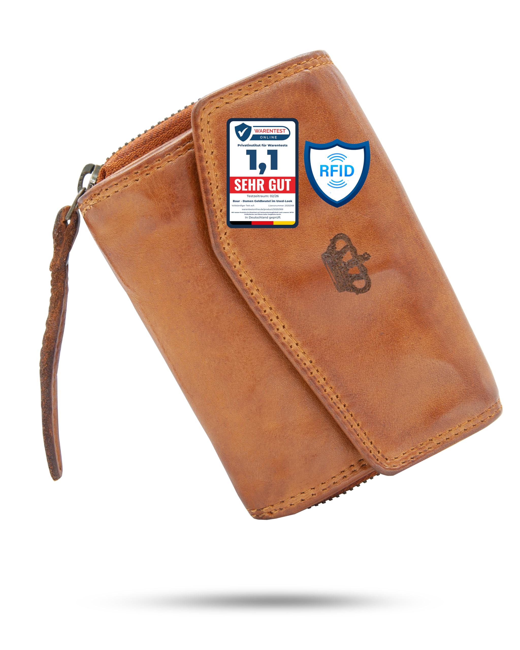 Baur Portefeuille Femme Cuir lavé Extra Doux – Porte-Monnaie Style Used avec RFID – Petit Portefeuille avec Nombreux Compartiments Cartes et Poche à pièces zippée métal (Cognac)