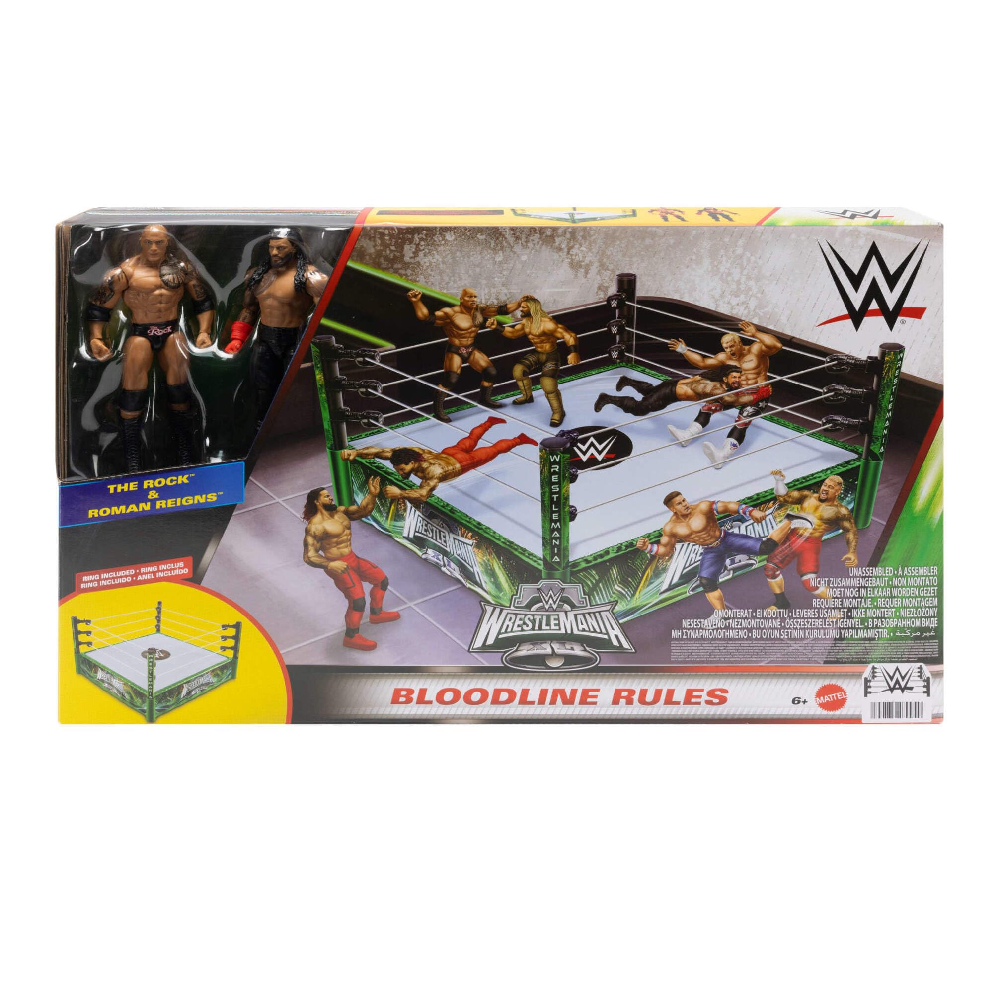 Mattel WWE Bloodline Rules Conjunto de Juego con Ring y 2 Figuras de acción coleccionables de 15cm de Las superestrellas The Rock y Roman Reigns, JDB55