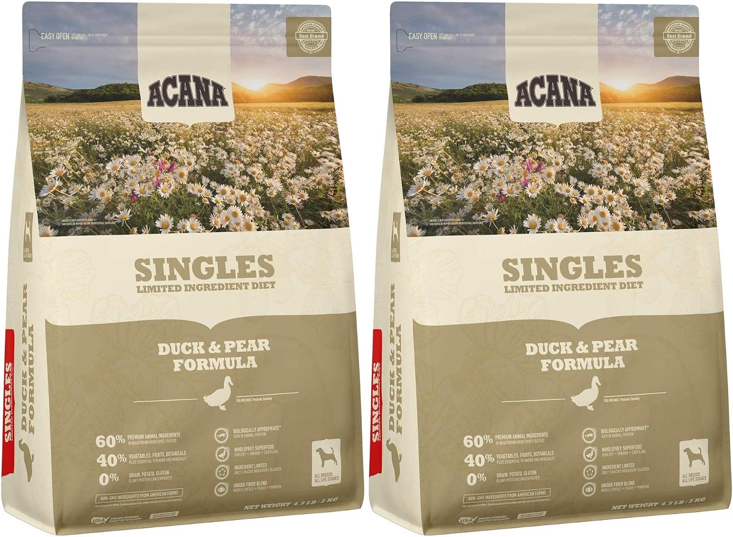 ACANA 2 Pack of Duck & Pear Formula Singles Dog Food, 4.5 Pounds Each, Grain-Free, Limited Ingredient, Made in The USA