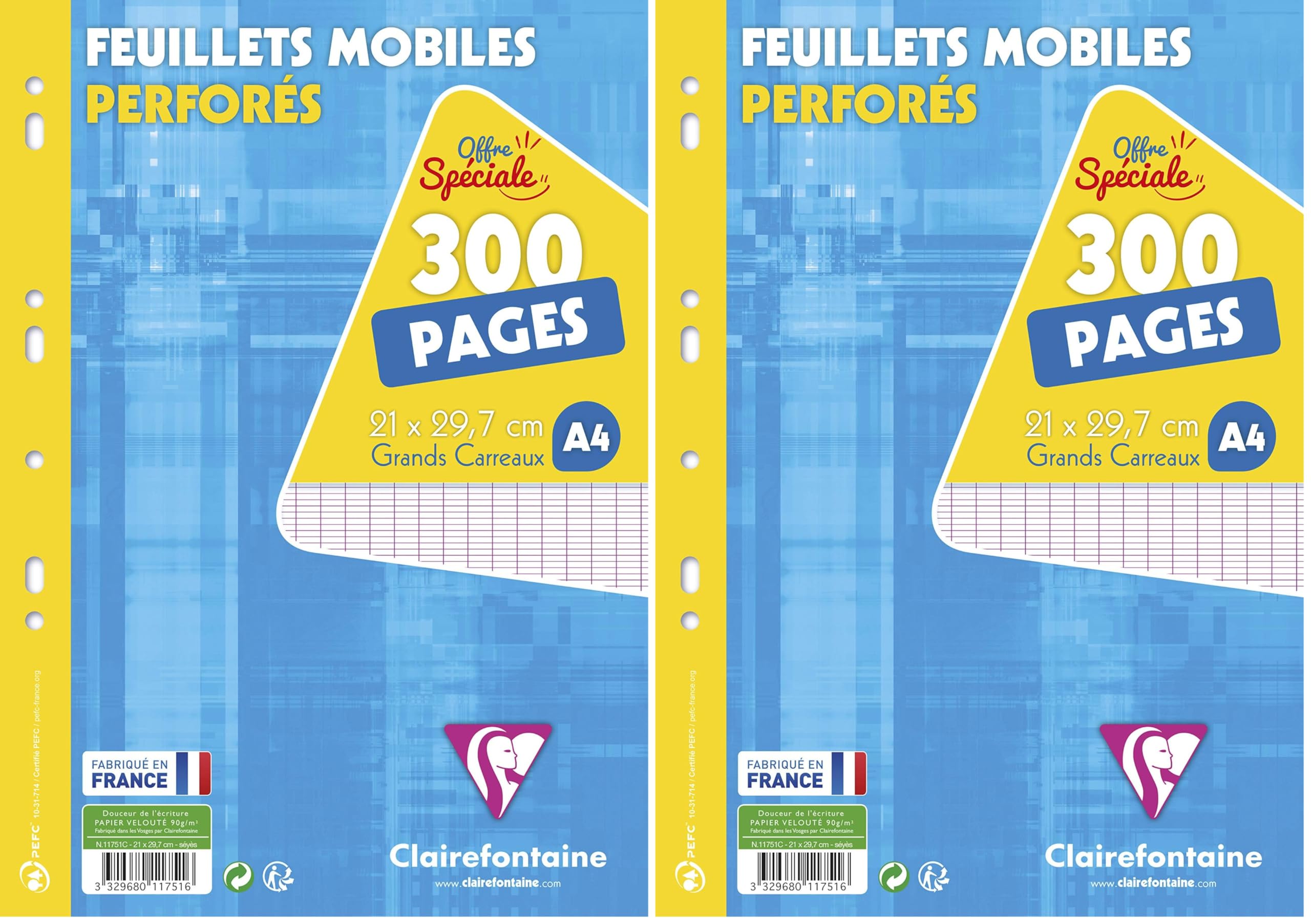 Clairefontaine 11751C Fogli Mobili da Disegno Forati A4 21x29,7 cm 300 Pagine Quadretti Grandi Carta Bianca 90 g Confezione da 2