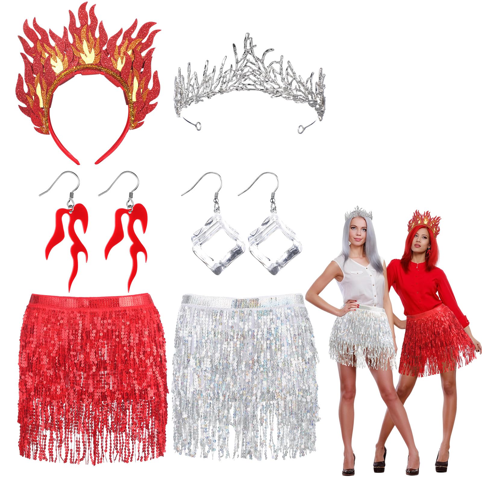 6 Pcs Halloween Fire and Ice Cosplay Costume Accessories Included Red Silver Earrings Headband Sequin Tassel Skirt Wrap for Halloween Party Cosplay Costume