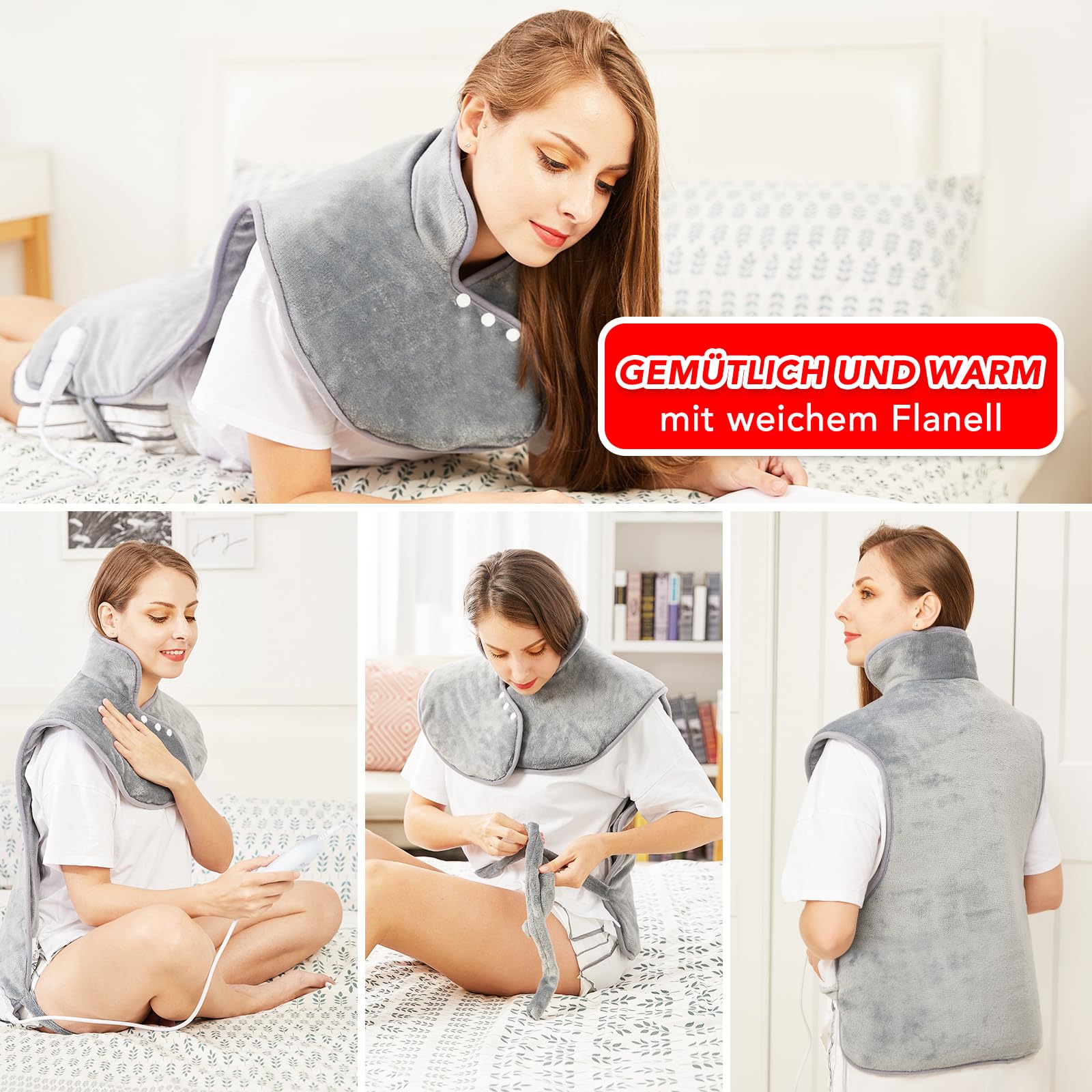 Heizkissen für Rücken Schulter Nacken 60x100cm Wärmekissen mit Abschaltautomatik, Schnelle Erwärmung, mit Taillenriemen, Rückenwärmer Heizdecke 6 Heizstufen, Auto-OFF-Timer, Flanell, Waschbar, Grau