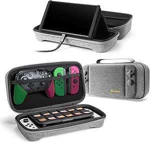 tomtoc Carrying Case for Nintendo Switch/OLED Model, Large Travel Switch Case with Pocket for Joy-con Grip, AC Adapter, Protective Portable Carry Case with 24 Game Cartridges and Stand, Gray