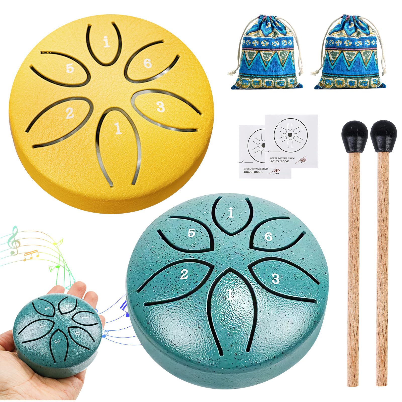 Mini tambours à langue en acier Lot de 2 - 6 tons - Pour concert, méditation, yoga, guérison par le son - Adultes