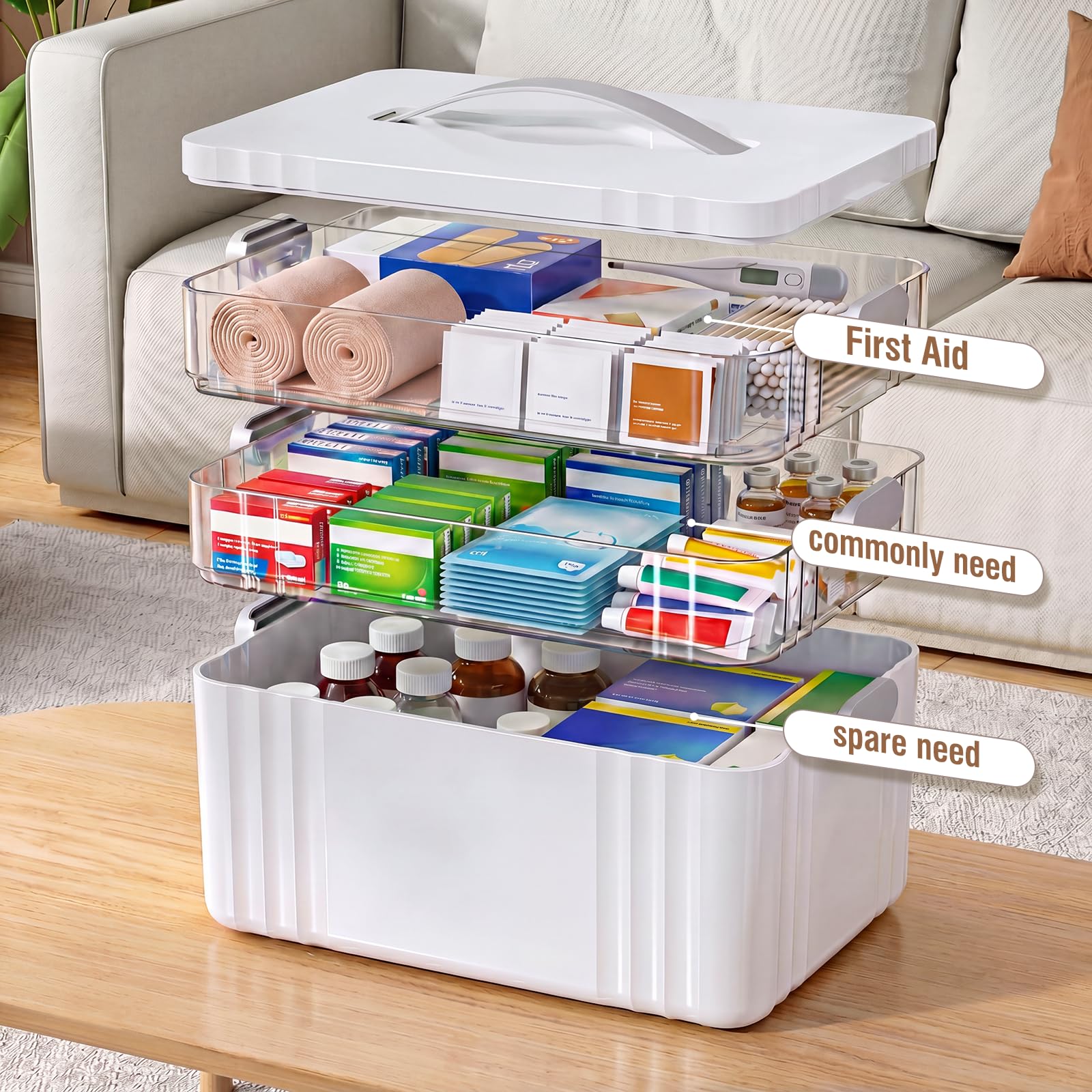 Condition photo showing New/Like New for purkeep 3-tier medicine cabinet organizer, medicine box organizer storage with plastic handle, first aid kit box empty for home, office