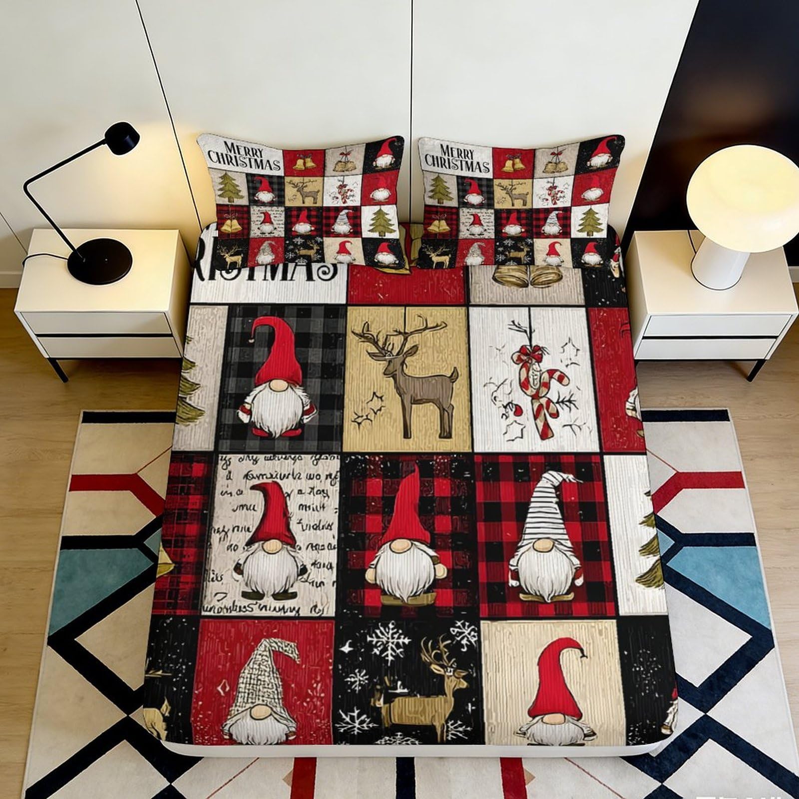 3D Printed Christmas Gnome Fitted Sheet Microfiber Red Plaid Reindeer Mattress Cover for Bedroom Dorm Decor Protection 90x200x25cm