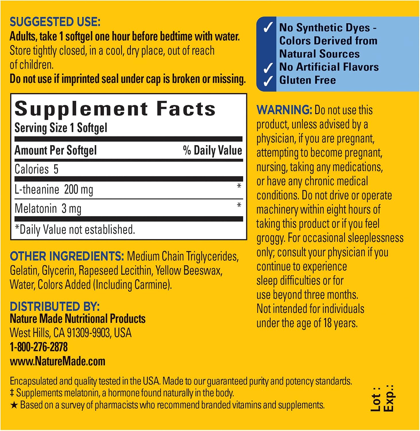 Nature Made Melatonin 3 mg with L-Theanine 200 mg, Dietary Supplement for Restful Sleep, Softgel