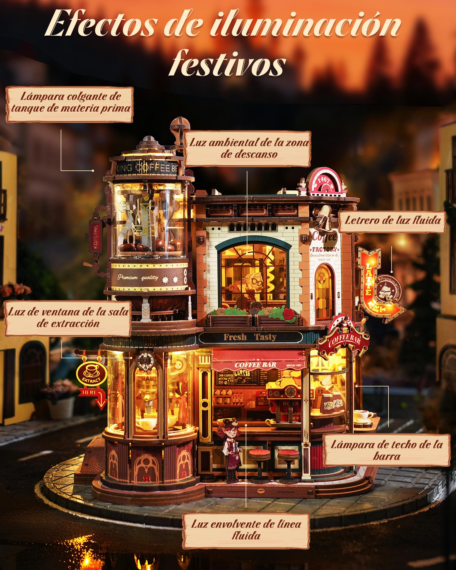 ROKR Dream Coffee Factory EAB02 Casa de Muñecas Miniatura DIY con Caja de Música para Adultos, Modelo de Fábrica de Café Mecánico con Piezas Móviles, Iluminación LED y Música Jazz, Regalo Creativo