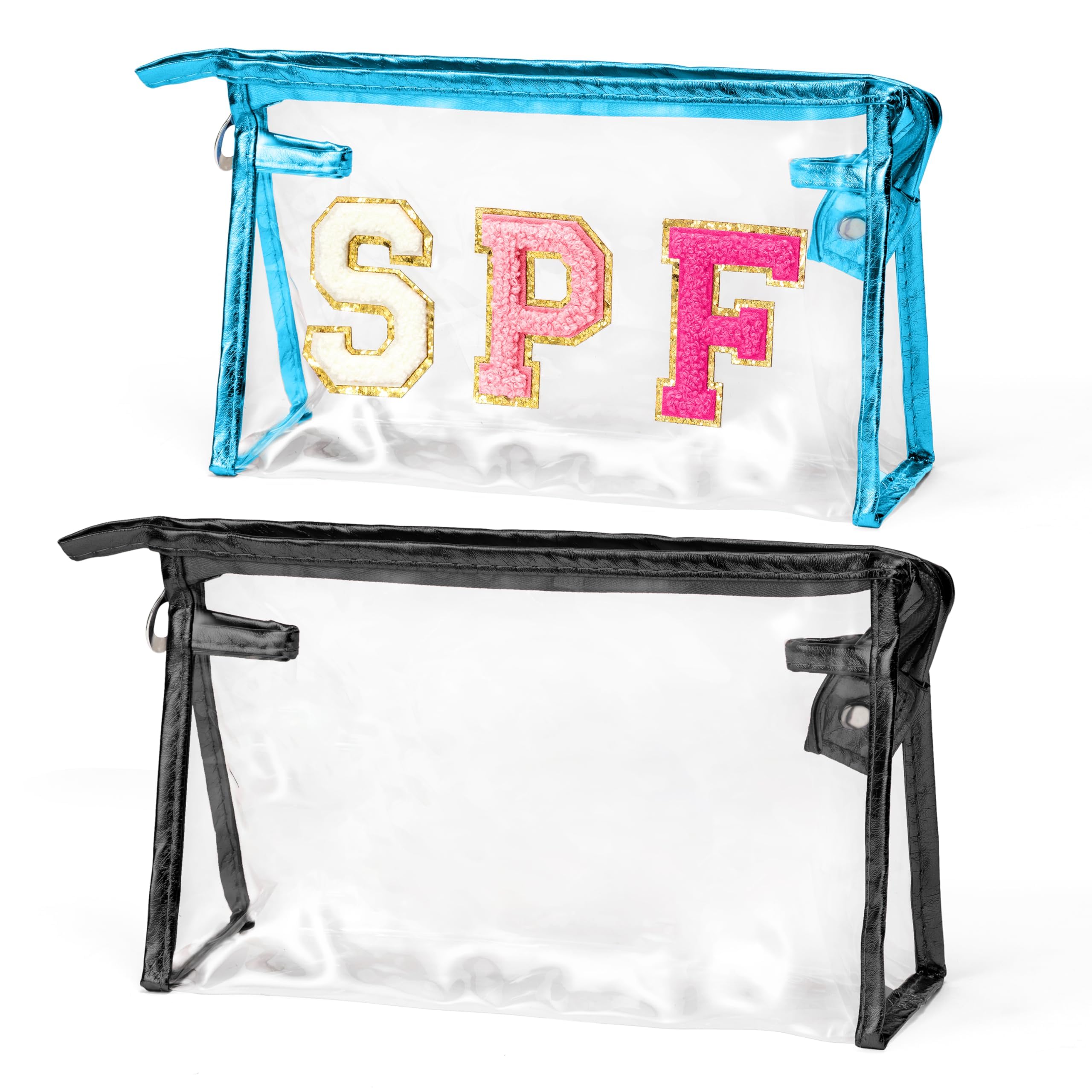 AsodSway Preppy Patch Cosmetic Bags - 2Pcs Summer SPF Chenille Varsity Letter Blue Toiletry Bag Black Large Clear Waterproof Portable Makeup Bag PVC