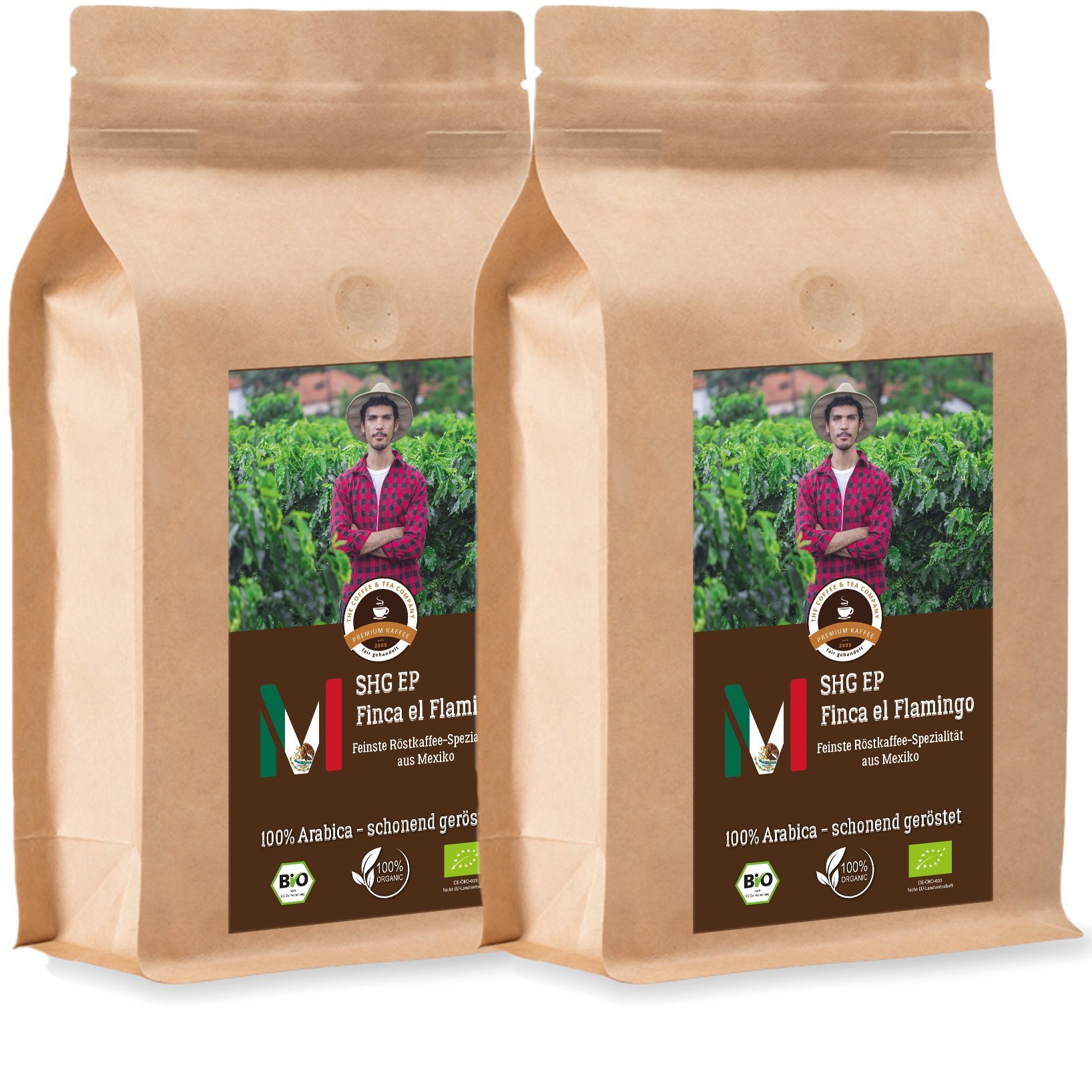 Kaffee Globetrotter - Bio Mexico Finca El Flamingo- 2 x 1000 g Ganze Bohne - für Kaffee-Vollautomat, Kaffeemühle - Röstkaffee aus biologischem Anbau | Gastropack Sparpack