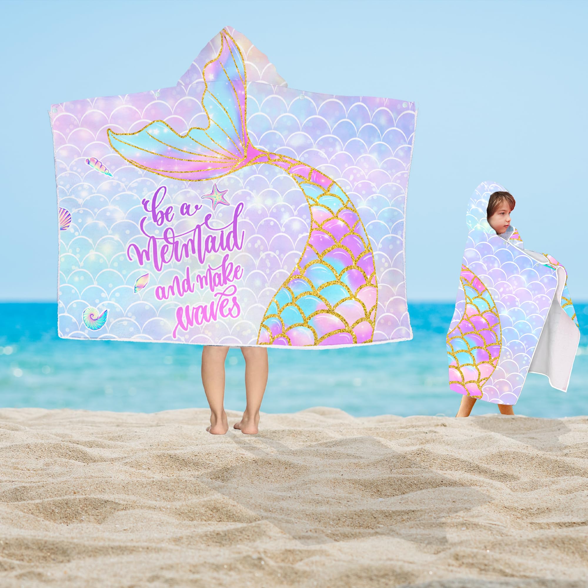 Toalla de playa con capucha de sirena, cola de sirena, poncho con capucha para niñas, suave y absorbente, color rosa con capucha para niños pequeños de 30 x 50 pulgadas, albornoz con capucha para baño