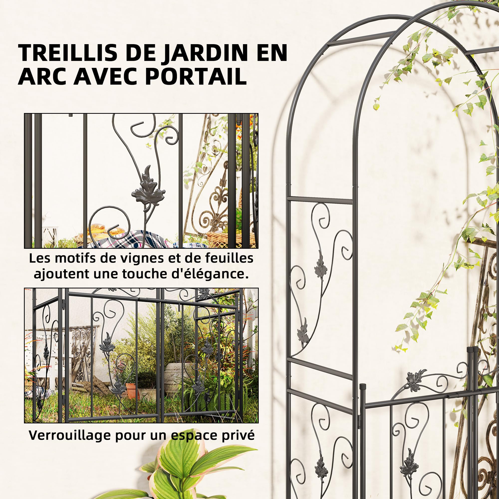 Outsunny Arche de Jardin en Acier, Arceau à rosiers avec Double Porte, pour Plantes grimpantes, rosiers, vignes de glycine, pour décoration de cérémonie, 107 x 45 x 217 cm, Noir