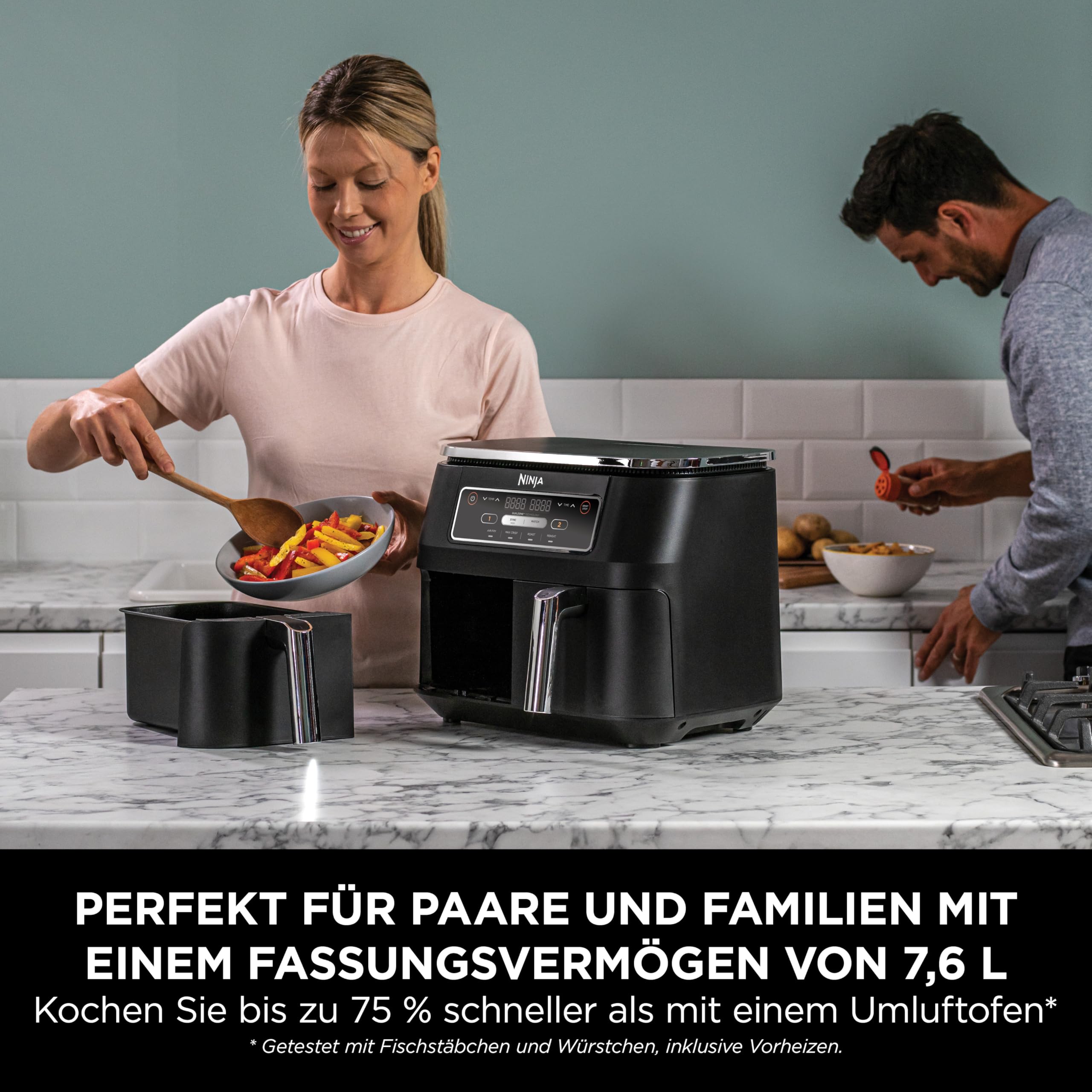 Ninja Foodi Dual Zone Airfryer Heißluftfritteuse, 2 Fächer, 7,6 l, 4-in-1, ohne Öl, Heißluftfrittieren, Max Crisp, Braten, Aufwärmen, antihaft, spülmaschinenfester Korb & Knusperblech, Schwarz AF200EU