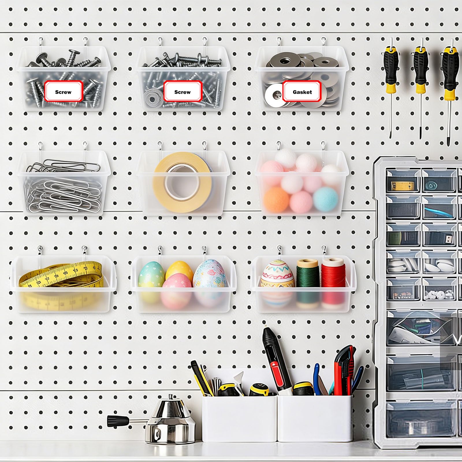 32 Pcs Kit Accessori per Pannello Forato, 16 Scatola Trasparente e 16 Ganci per Pannelli Forati, Gancio per Portautensili Pannello Porta Attrezzi da Parete Accessori per Gaming Pegboard Garage Negozio