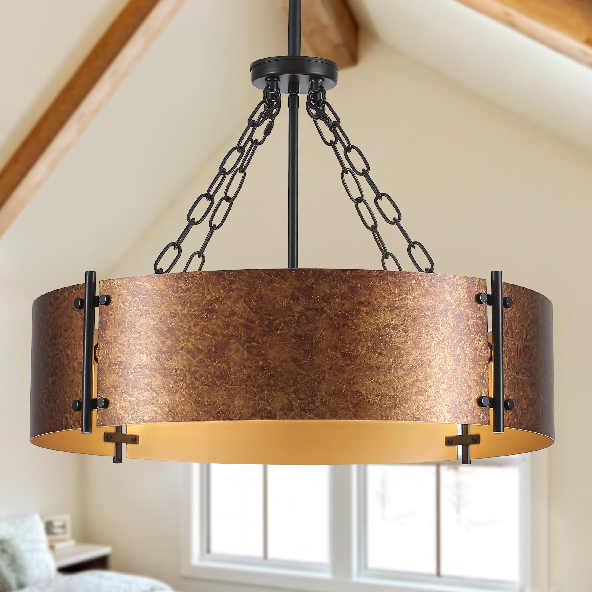 Photo 1 of 23.62" Modern Drum Chandelier 6-Light Gold Farmhouse Chandeliers for Dining Room Light Fixture Industrial Large Pendant Lighting Rustic Hanging Light Fixtures for Living Room Kitchen Entryway
