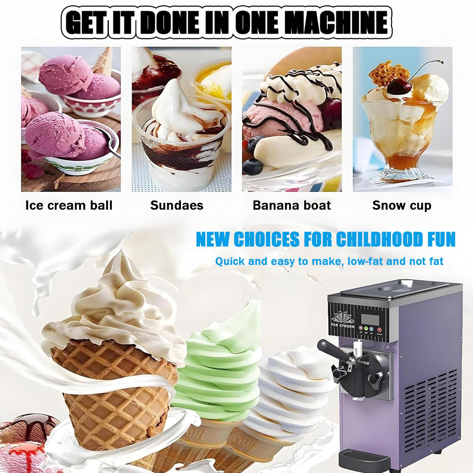 Máquina de helado, máquina de servicio suave de 4 a 5 kg/h, tolva refrigerada de 2,5 L, función de limpieza automática, panel LCD, tanque de congelación de encimera de 450 W