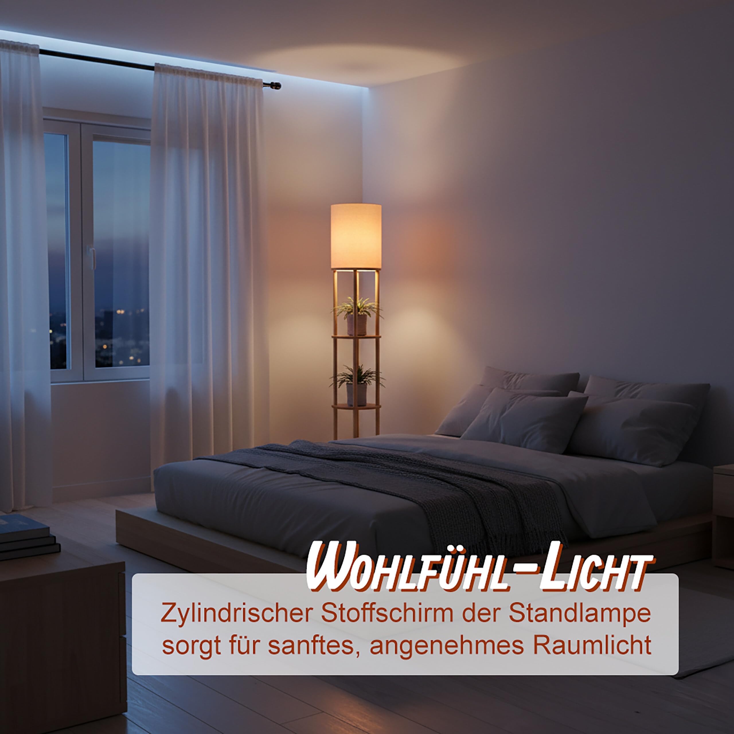 Relaxdays Stehlampe mit Regal, HD: 180 x 30 cm, E27-Fassung, Holz & Leinen, modernes Design, Stehleuchte, Natur-weiß