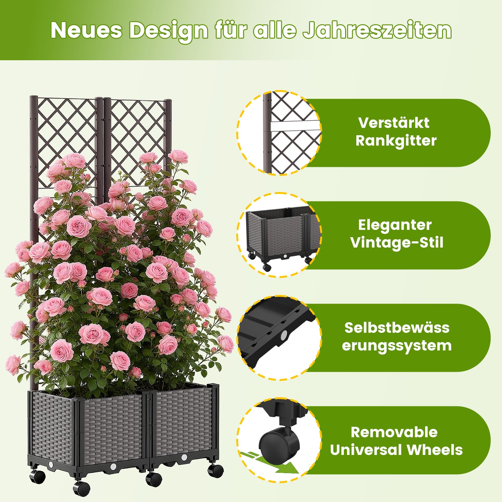 SUNYRISY Dual Hochbeet mit Tomaten Rankhilfe, Blumenkasten mit Rankgitter und Rollenrad, Selbstbewässerung Pflanzkasten Pflanzkübel mit Sichtschutz für Kletterpflanzen Tomate Gurken Rosen