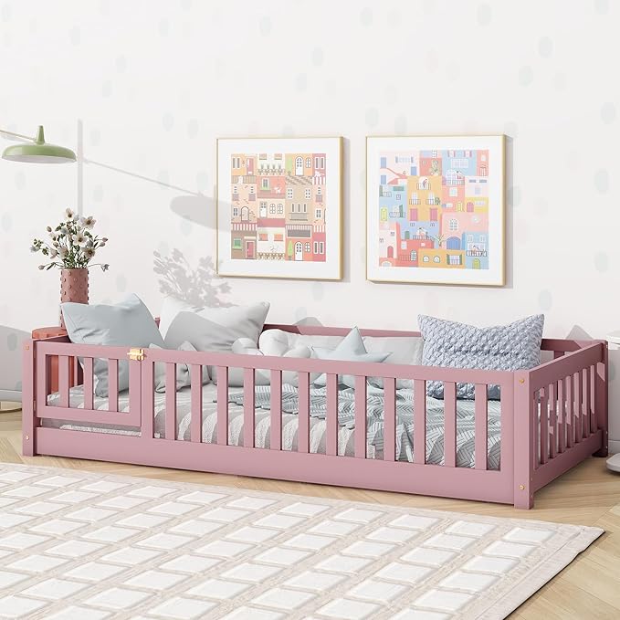 UOCFYK Twin Size Montessori Floor Bed with Door & Fence for