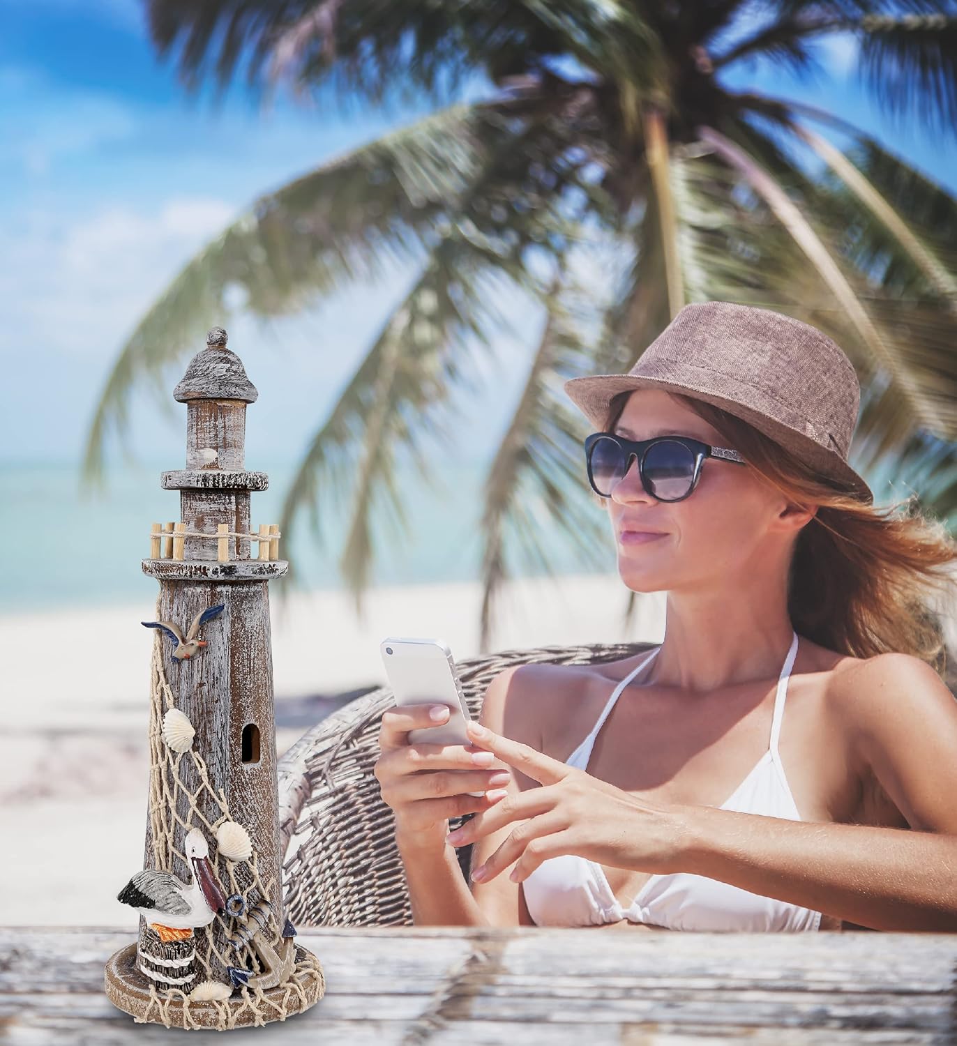 CoTa Global Brown Wooden Lighthouse Decor - Handcrafted Lighthouse Coastal Decor for Home, Outdoor Patio, Nautical Centerpiece with Pelican, Fish Net, Seashells, and Anchor Decoration - 14.25 Inches