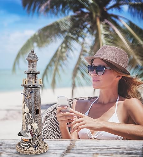 Miniatura 4 de CoTa Global - Decoración de faro de madera marrón  Centro de mesa náutico hecho a mano con pelícano, red de pesca, conchas marinas y decoración de