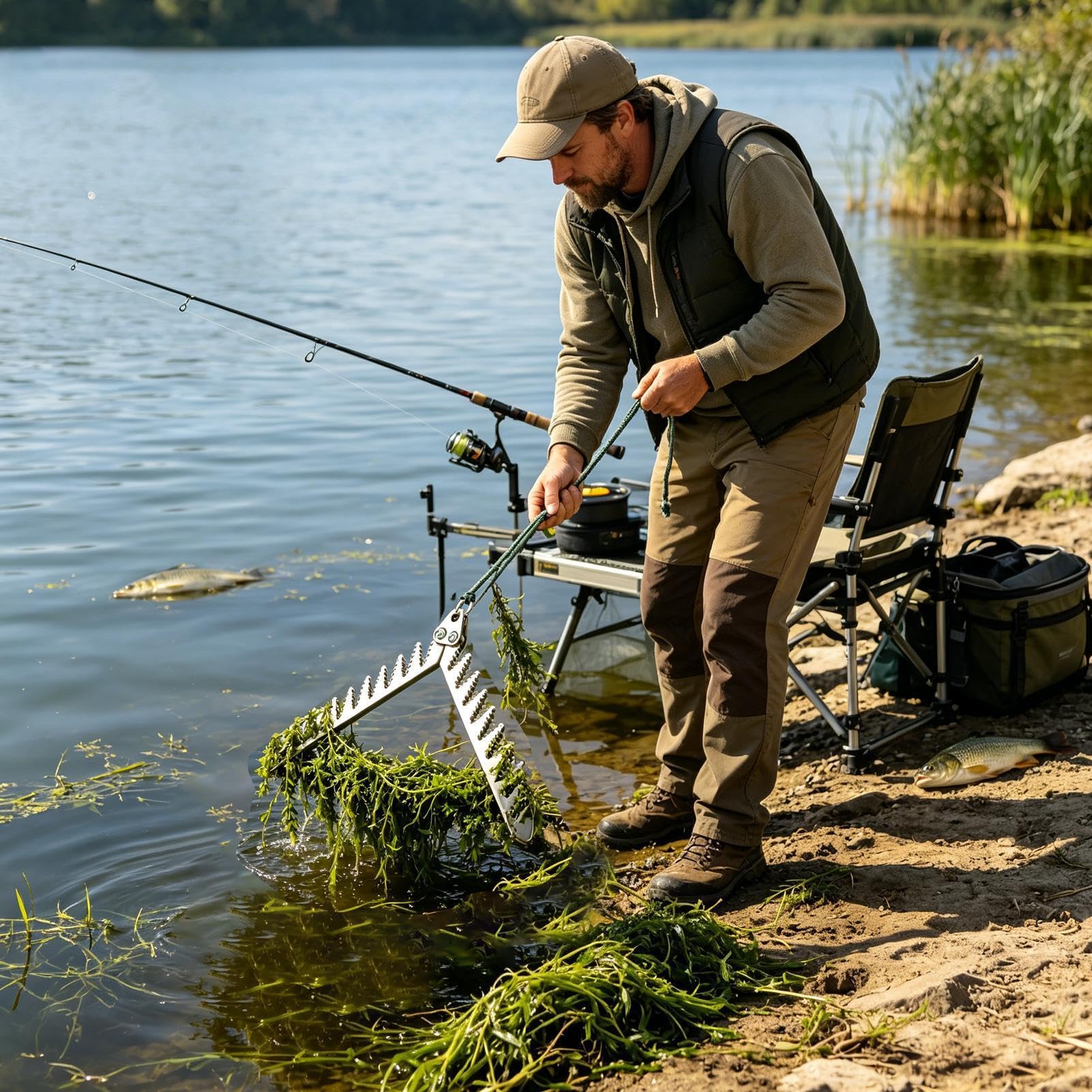 Seegrasentferner Faltbar mit 20m Seil: Wasserpflanzenschneider für Teich & See – Robuste Wurfsense gegen Schilf & Algen, ideales Angler-Zubehör zur Uferreinigung