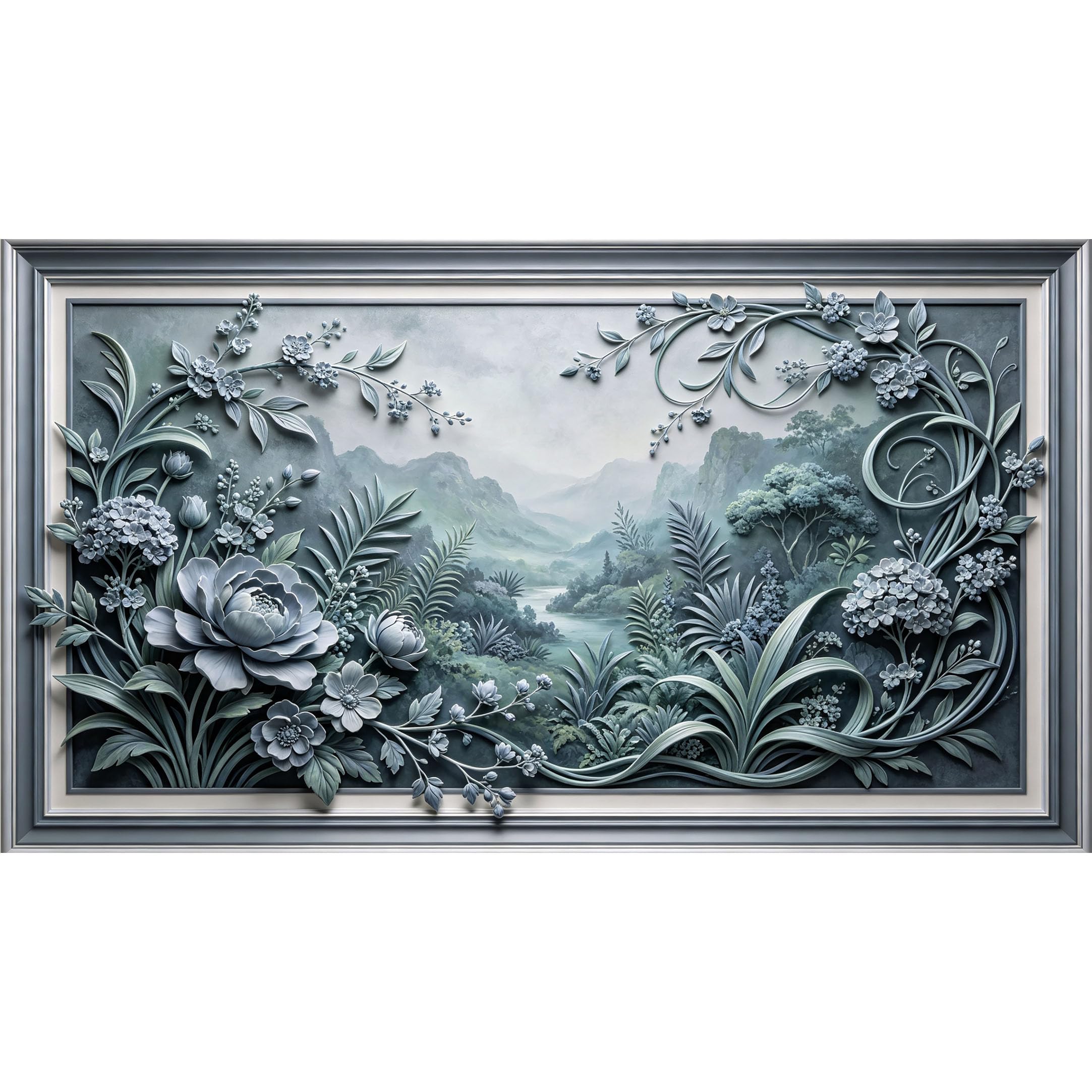 QZLITHOTIC 50×90cm3D Framed Wall Art， Botanical Landscape Floral Relief SelfAdhesive Mural， WaterActivated Peel & Stick Fabric Decor Wall Decal for Bedroom Living Room
