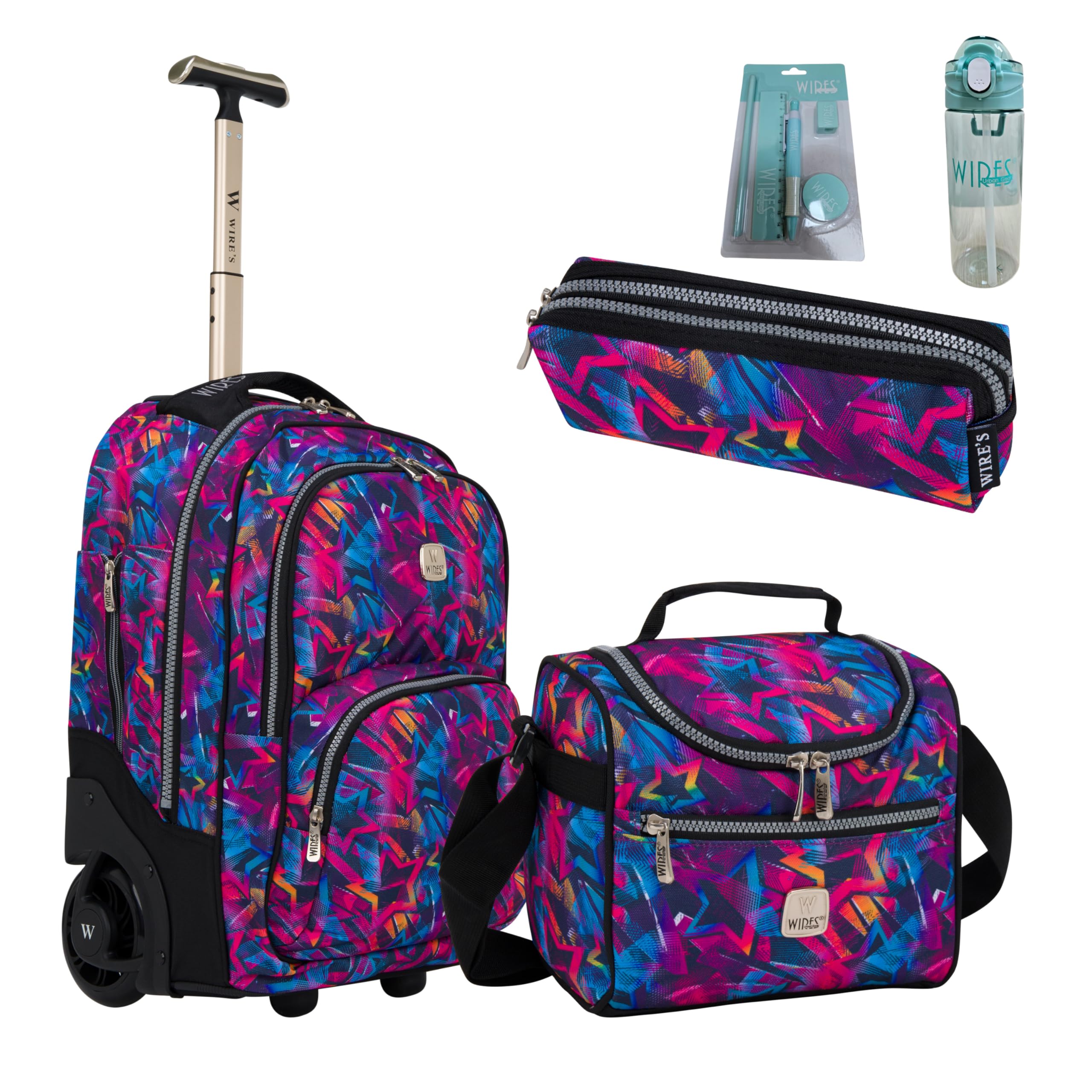 W WIRE'SWIRES Trolley School bag 5 PCS set All in One 2 WHEEL Rolling Bag Incloude Pencil case, Lunch bag and trolley bag, Laptop Compartment, Anti Theft Zipper