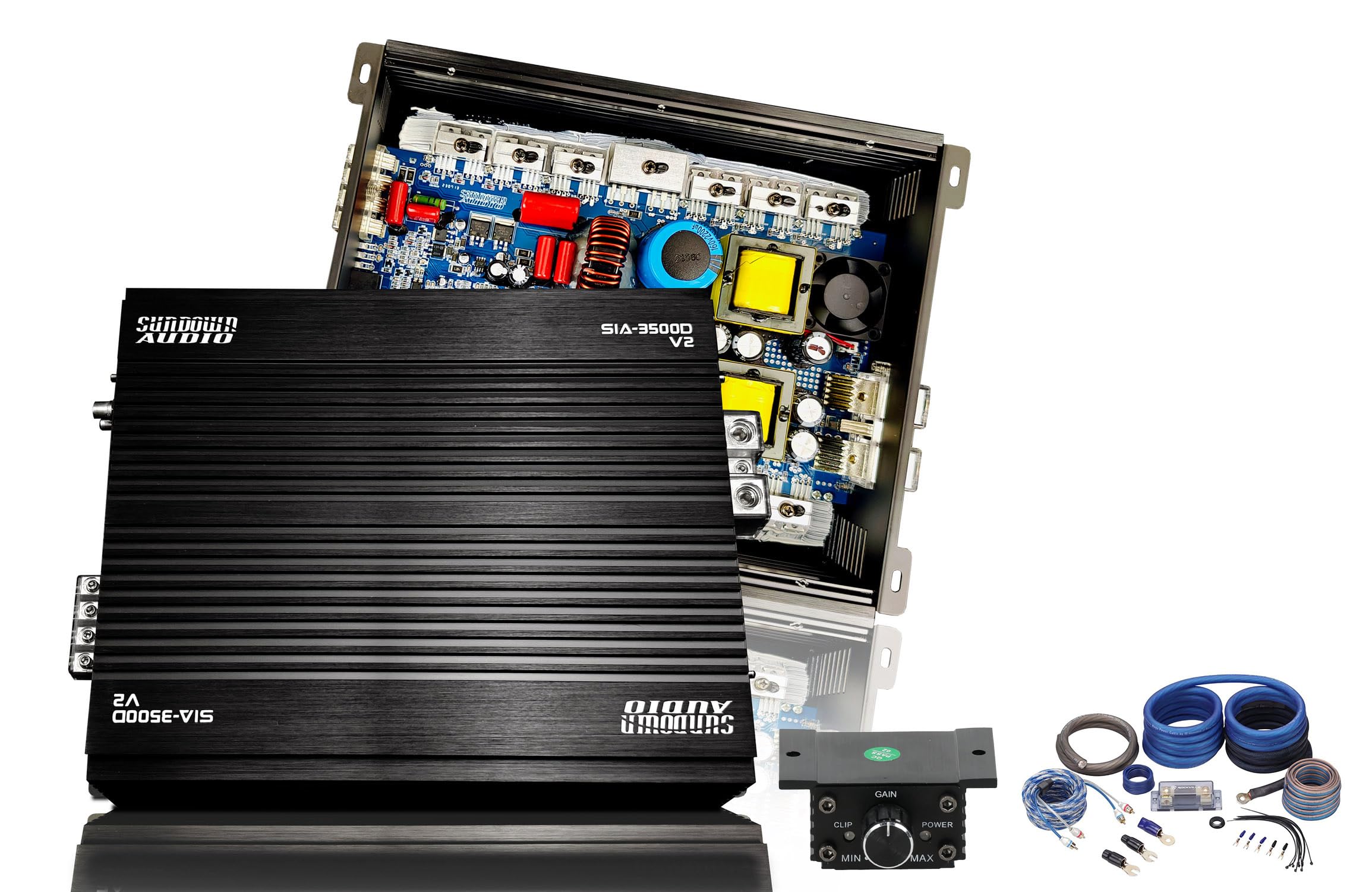 Sundown Audio SIA-3500D V2 Bundle: 3500-Watt RMS Mono 1-Ohm Smart Car Amplifier with 3-Speed Cooling Fan, RWK0CU 0 AWG 100% Copper Complete Amplifier Installation Wire Kit, 2-Items