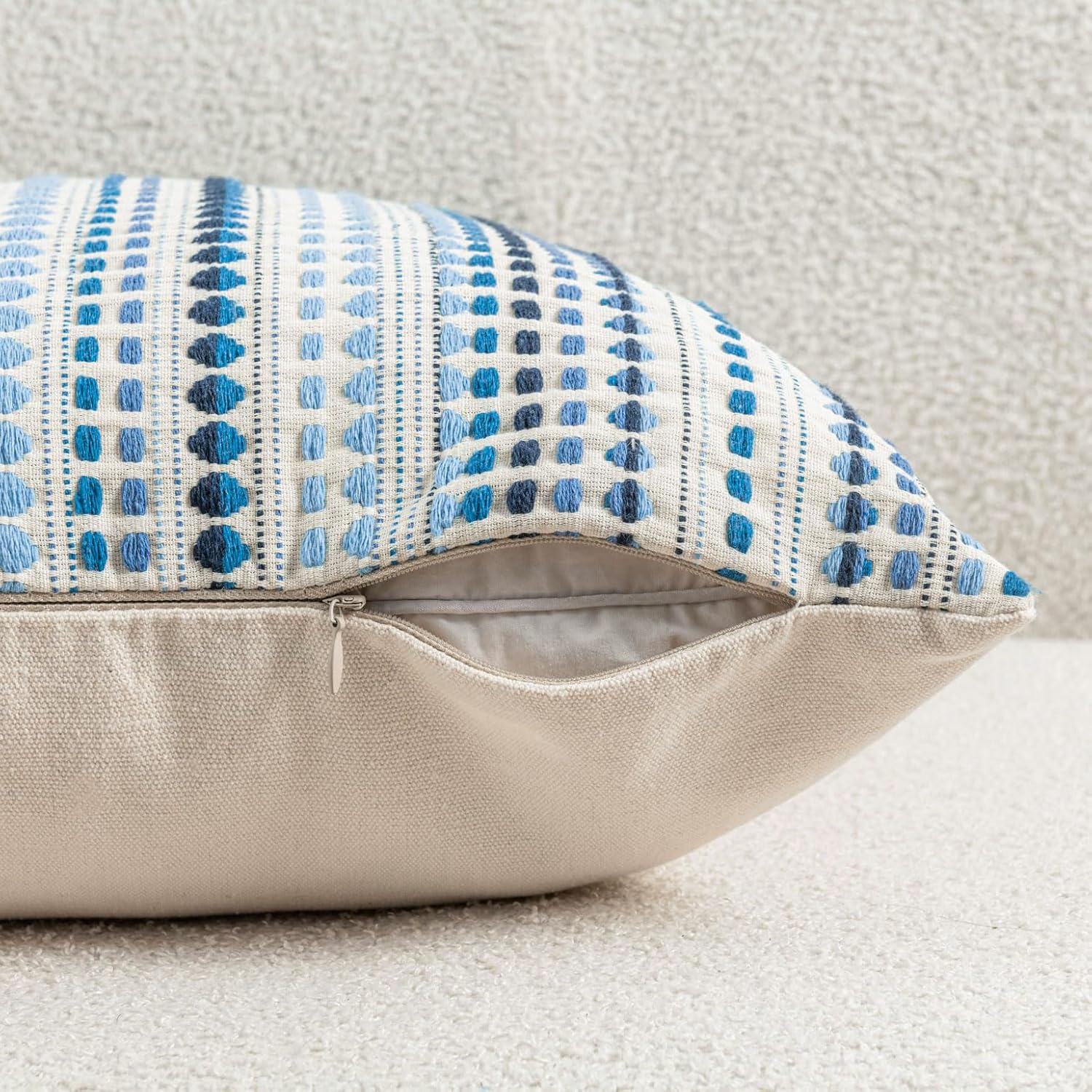 Zealax Neutral Throw Pillow Decorative Farmhouse Pillow Covers for Couch Bed Living Room, Soft Cotton Textured Cushion Cover Striped Pillowcases Set of 2, 18x18 Inch, Blue