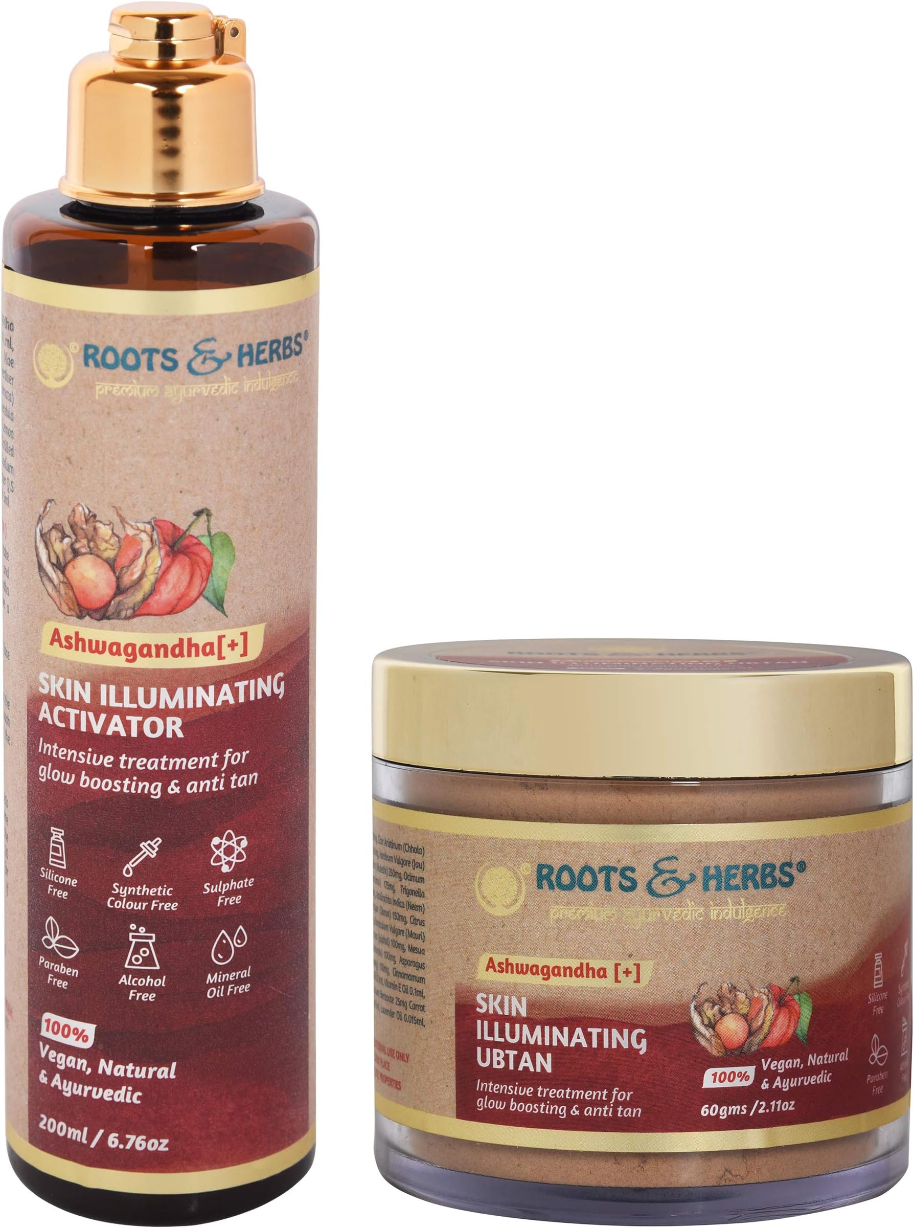 ROOTS AND HERBS Ayurvedic Natural Treatment 100% Vegan Skin Illuminating Ashwagandha Face Glow Kit 60gm + 200 ml