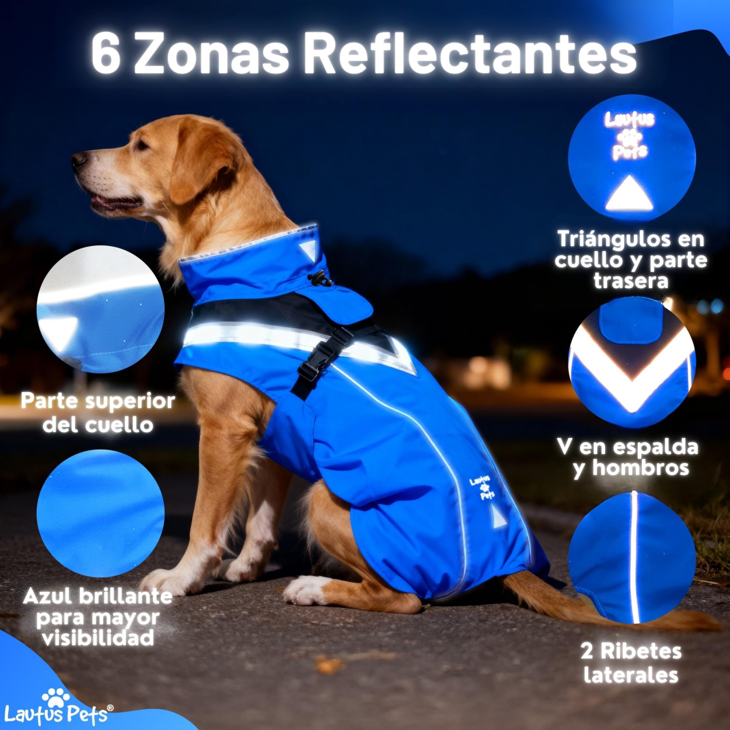 Chubasquero Impermeable para Perro, Tiras Reflectantes y Abertura para Correa – Chaqueta Ligera y Ajustable para Razas Medianas - M, Azul