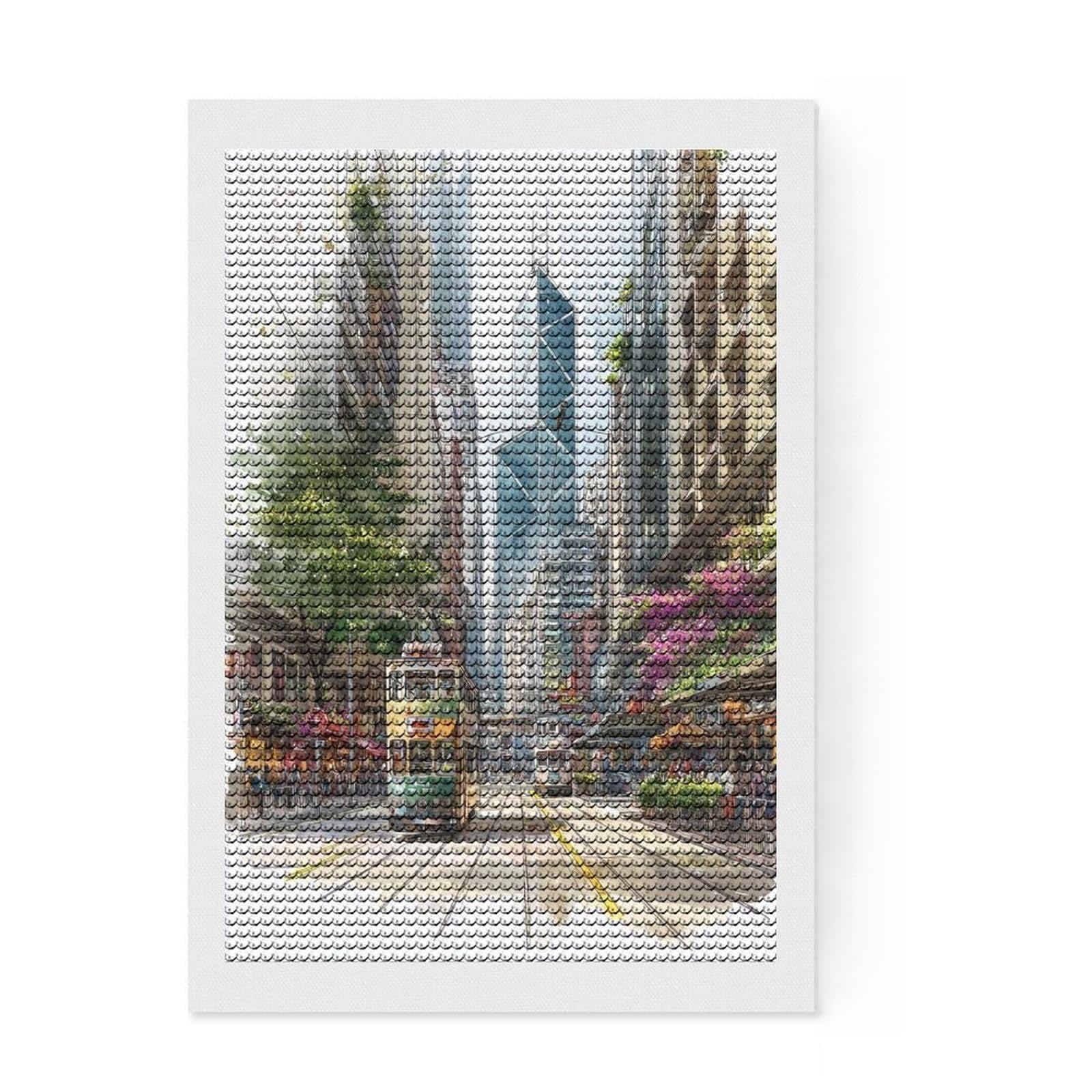 Junmoney Trams in The Cityscape Diamond Art Kit 8"x12", Sparkling Crystal Beads, Home Decoration, with Tool Kit, Fun Craft Activity, DIY