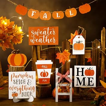 Maitys 13 Pcs Thanksgiving Tiered Tray Decor Set Fall Harvest Wooden Sign Thanksgiving Pumpkin Maple Leaf Rustic Farmhouse Fall Decor Trays Wooden Tabletop Signs for Home Kitchen(Classic Style)