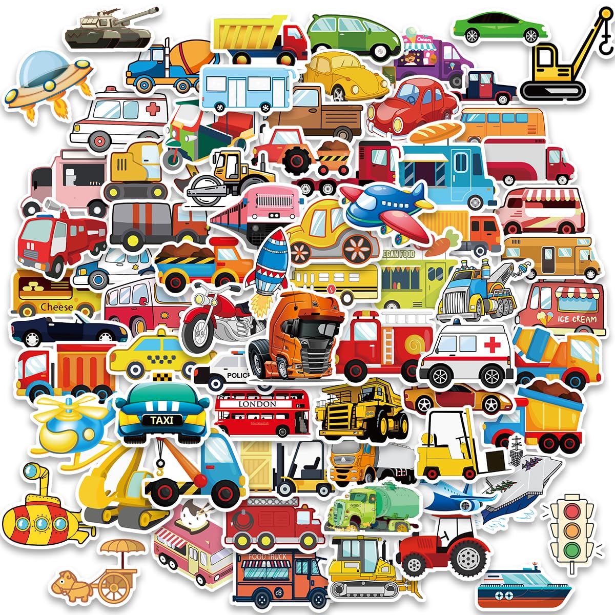 Cartoon-Fahrzeugaufkleber für Kinder – Autos, Lastwagen, Flugzeuge, Raketen & mehr – Wasserfest & langlebig, 5-7,5 cm, Spaß für kreative Projekte & Lernen